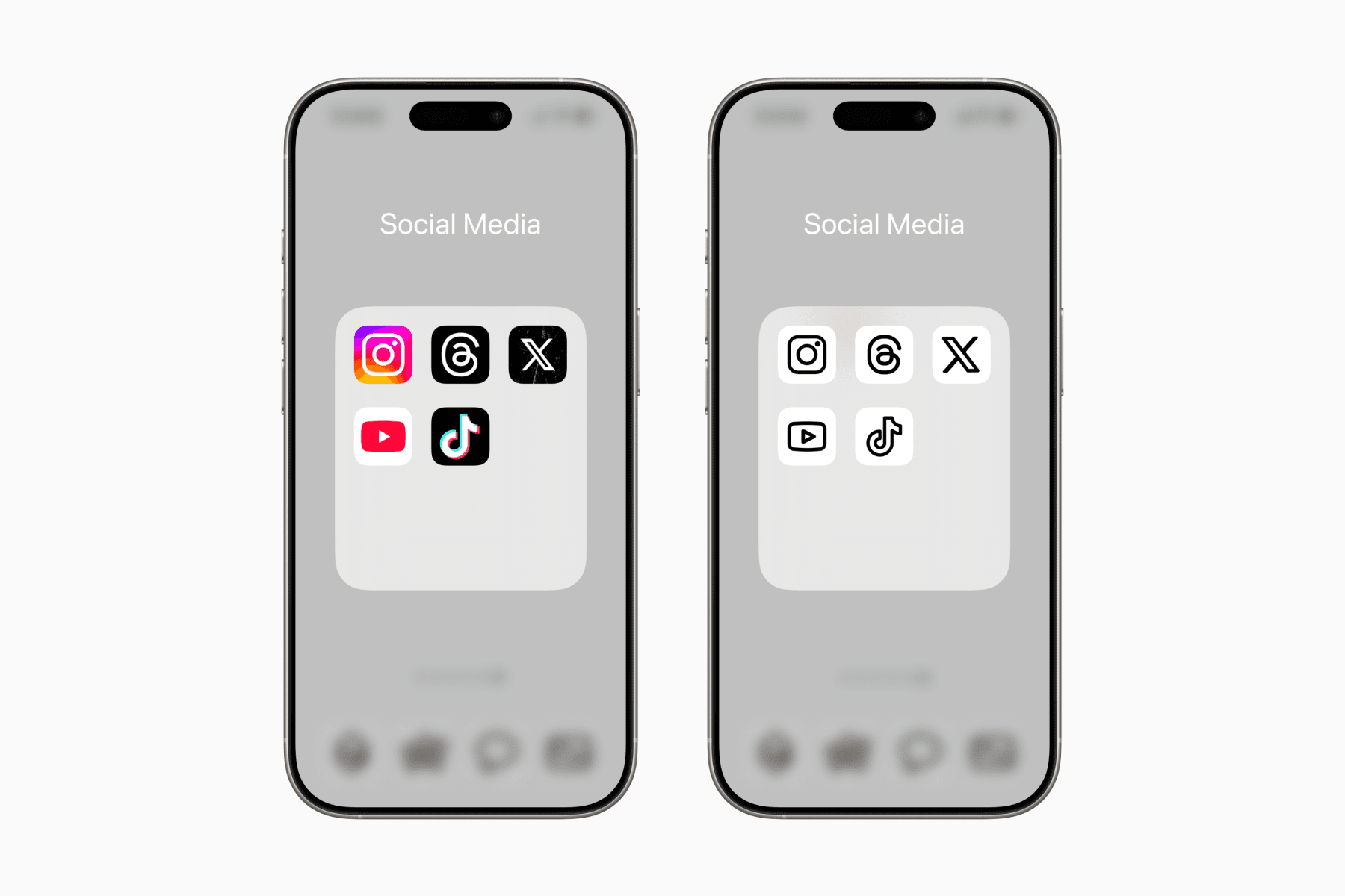 Two iPhones with one displays social media apps with original icons, while the other features minimal icons.