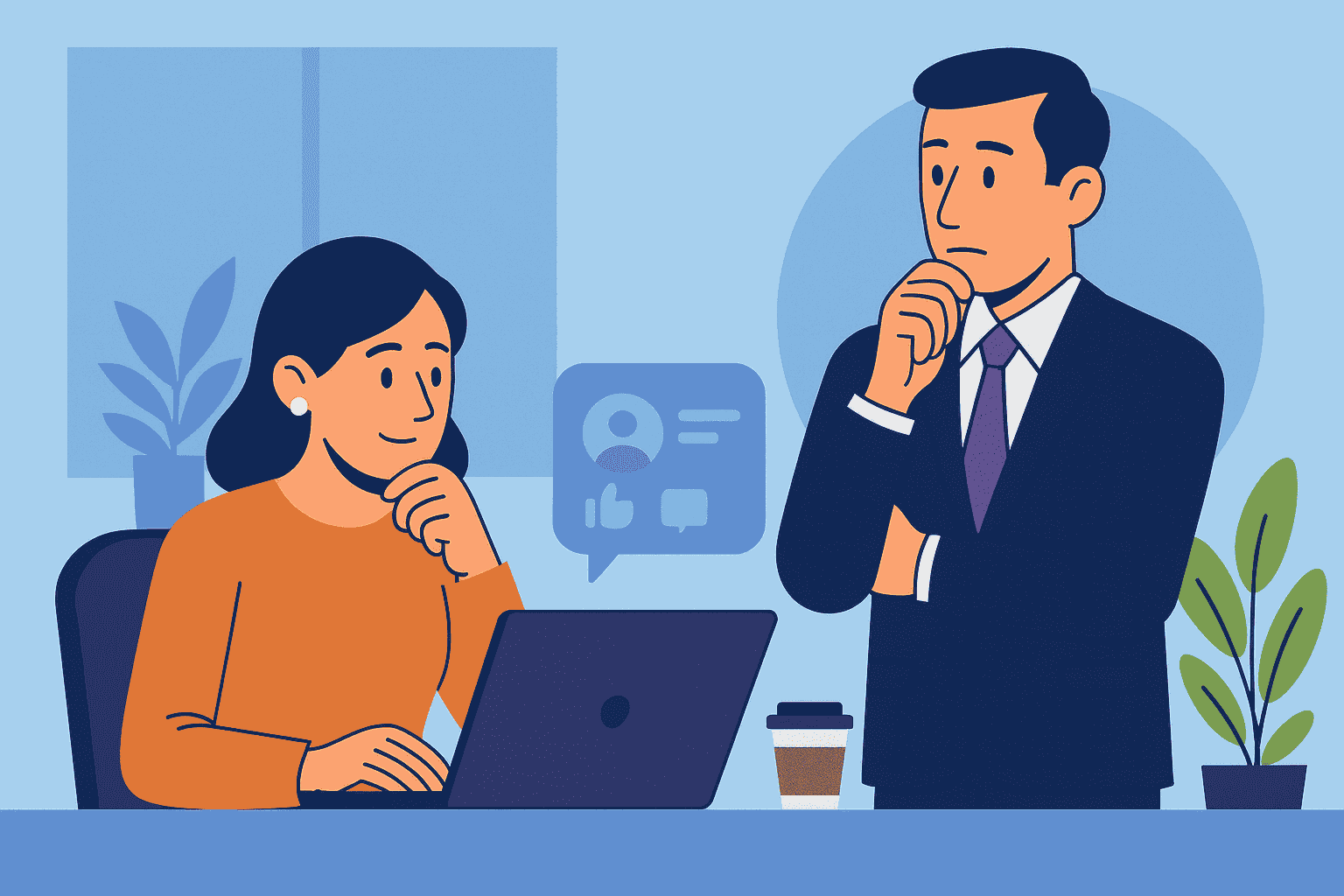 Flat-style digital illustration showing two colleagues in a modern office setting, representing balanced social media monitoring through collaboration, trust, and thoughtful oversight.
