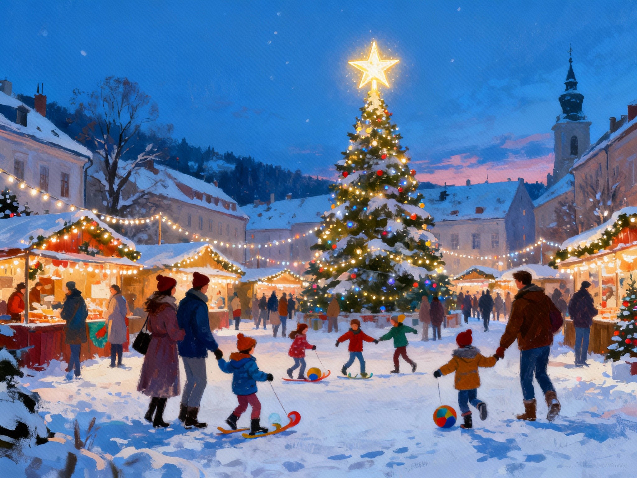 A snowy outdoor village square at twilight, illuminated by colorful Christmas market stalls and