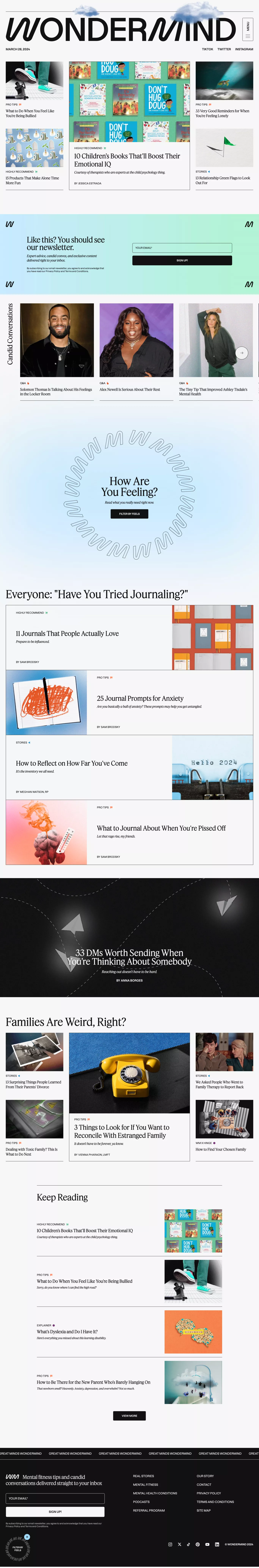 Wondermind: The World's First Mental Fit blog page screenshot showcasing Health & Fitness and Education design