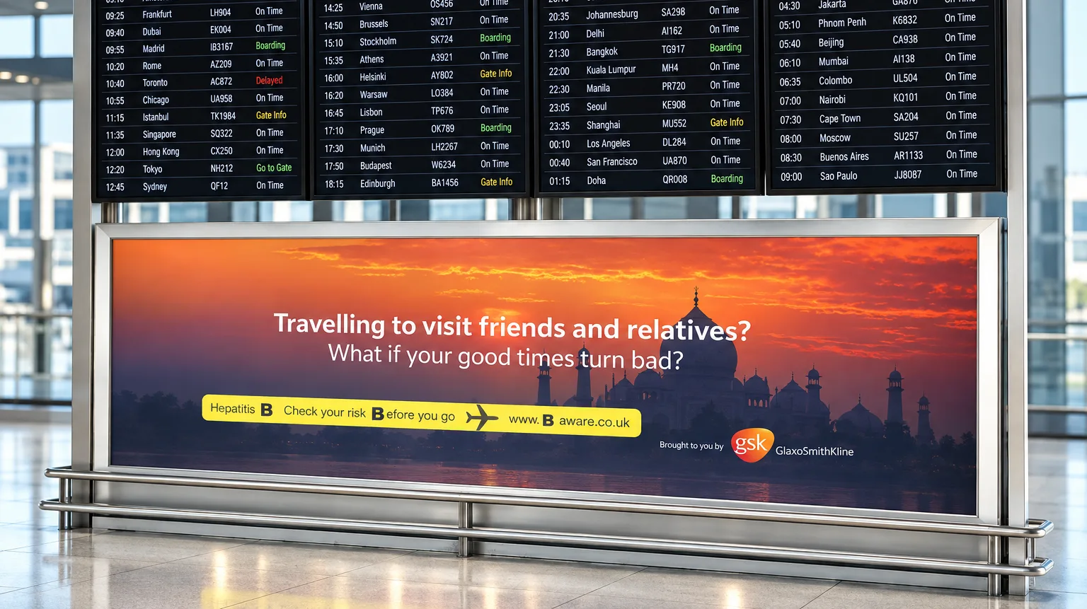 GSK Hepatitis B campaign print materials with multilingual text targeting South Asian travelers to India