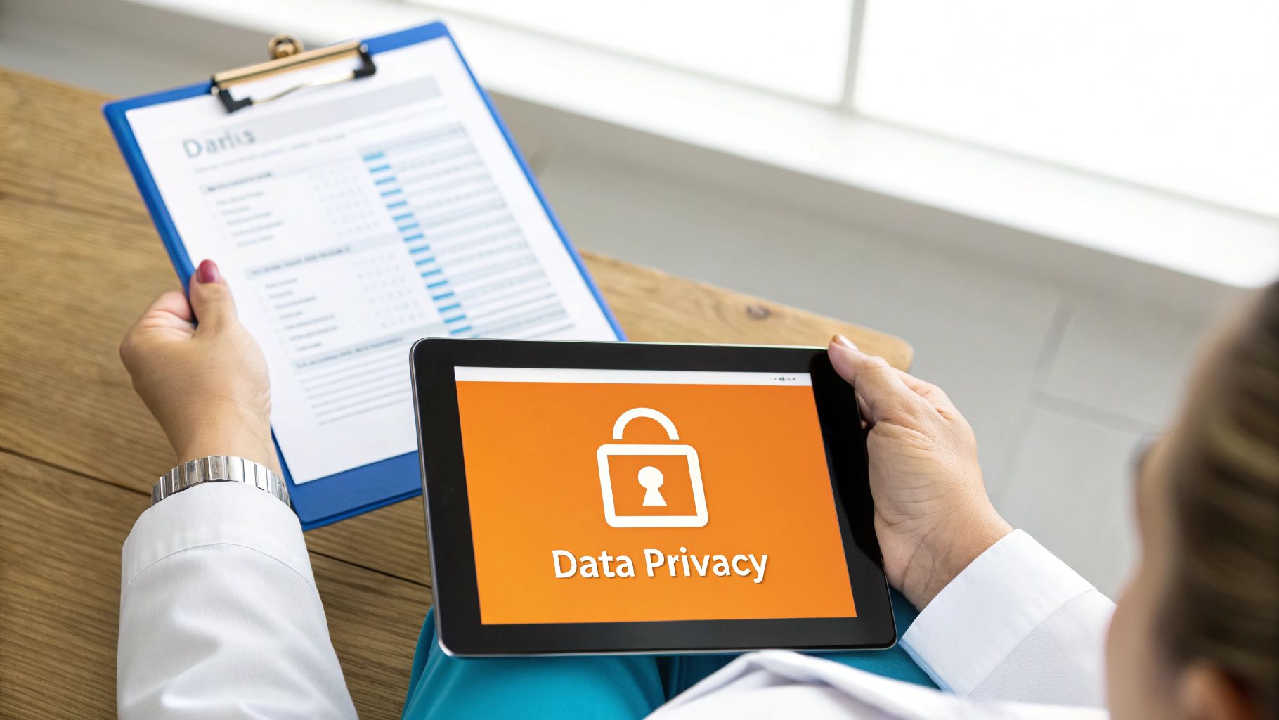 A person holds a tablet displaying 'Data Privacy' and a clipboard with a document.