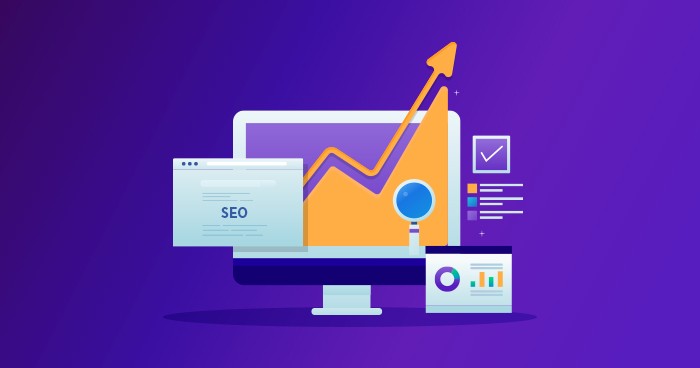 Illustration eines Bildschirms mit steigender SEO-Wachstumskurve und Lupe