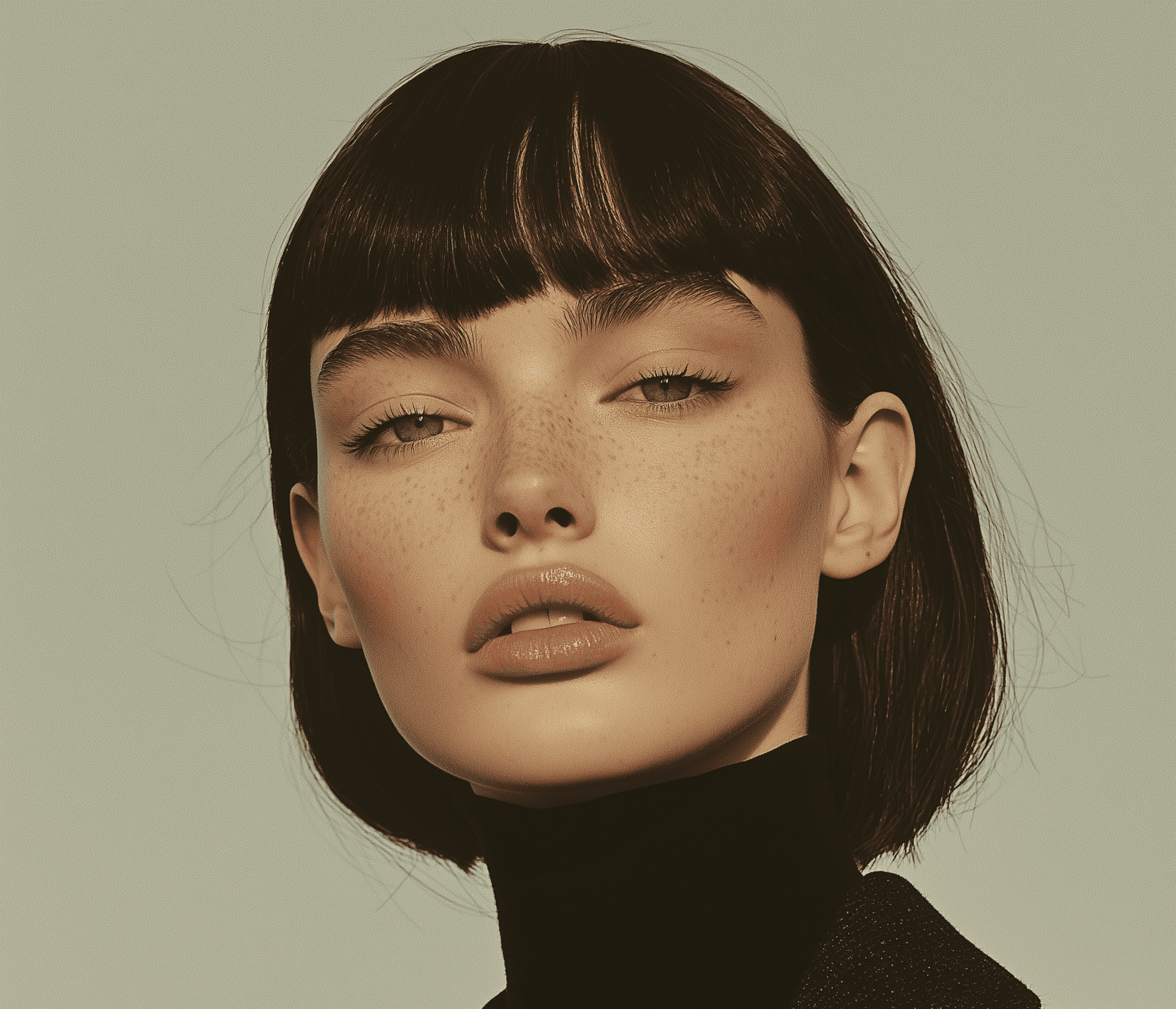 Model with freckles and a black turtleneck.