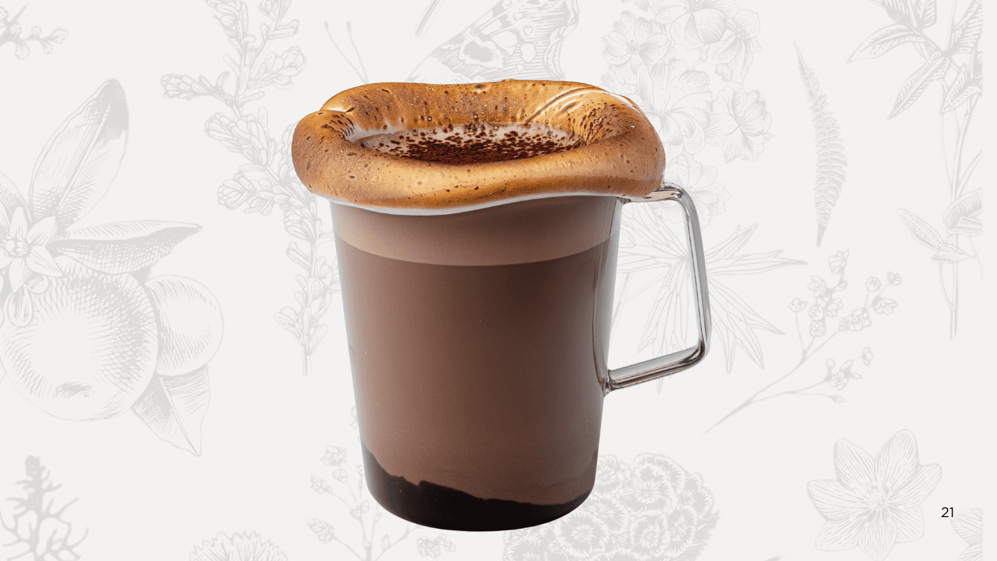 Velvety hot chocolate with steamed milk and chocolate ganache, garnished with toasted marshmallow foam.