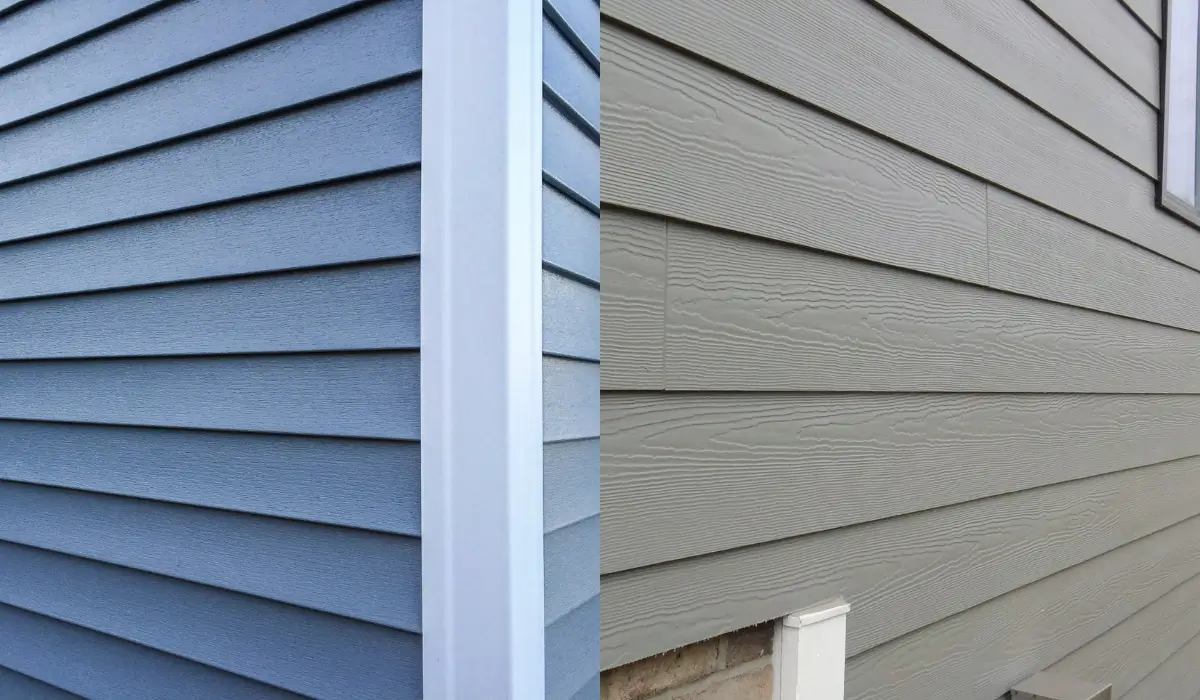 Close-up image of vinyl vs. fiber cement siding textures on Naperville homes in seasonal lighting contrast