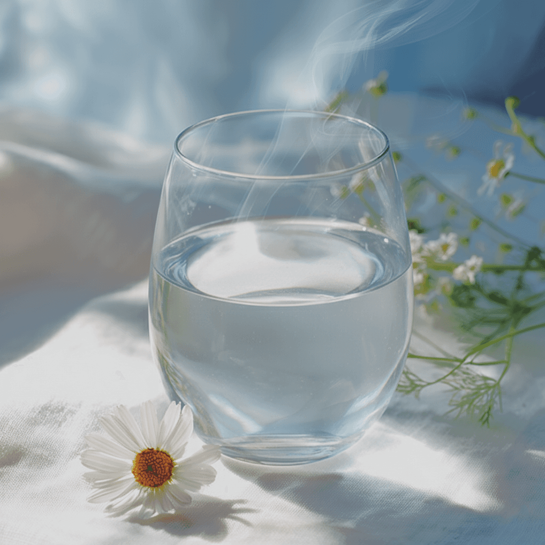 Steam rising from a glass of water in soft daylight — water leaving, continuously and quietly.