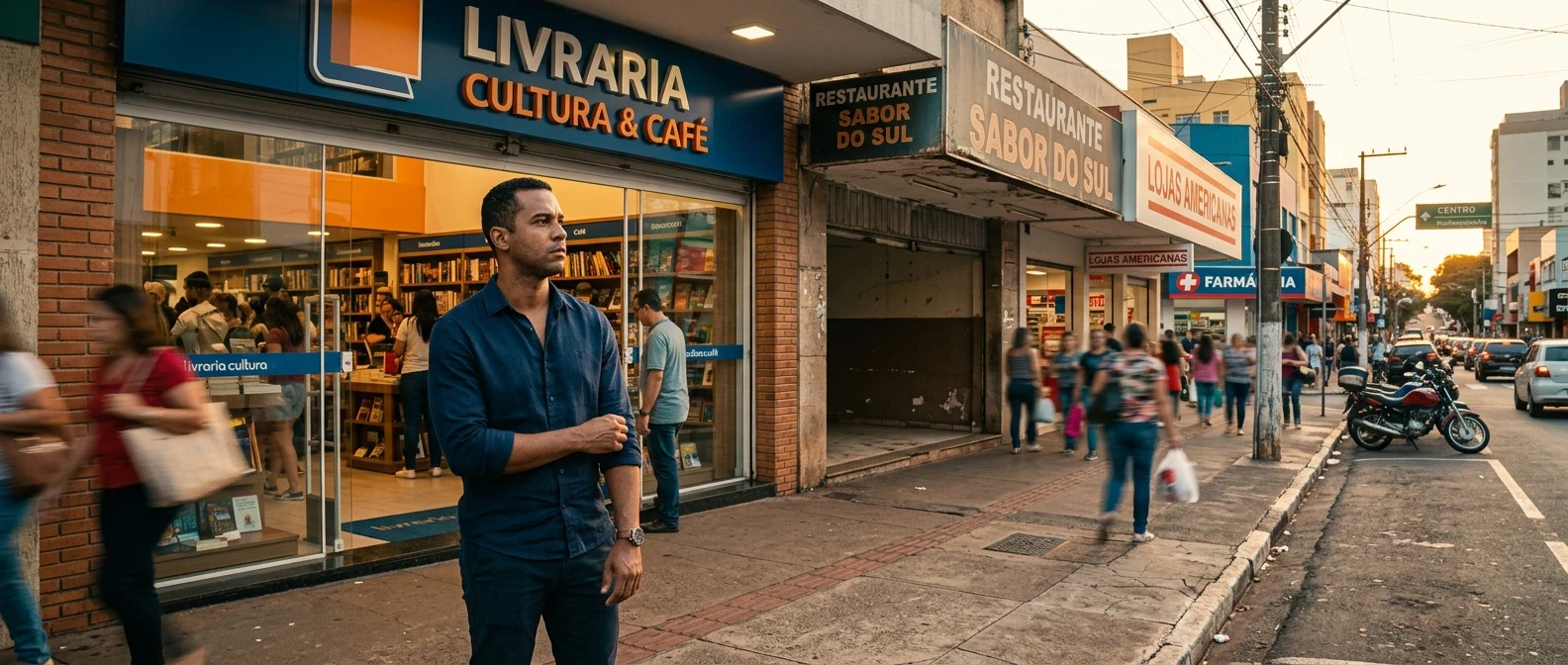 Empresário brasileiro parado na calçada de rua comercial movimentada em Uberlândia, observando loja concorrente ao lado com mais movimento de clientes