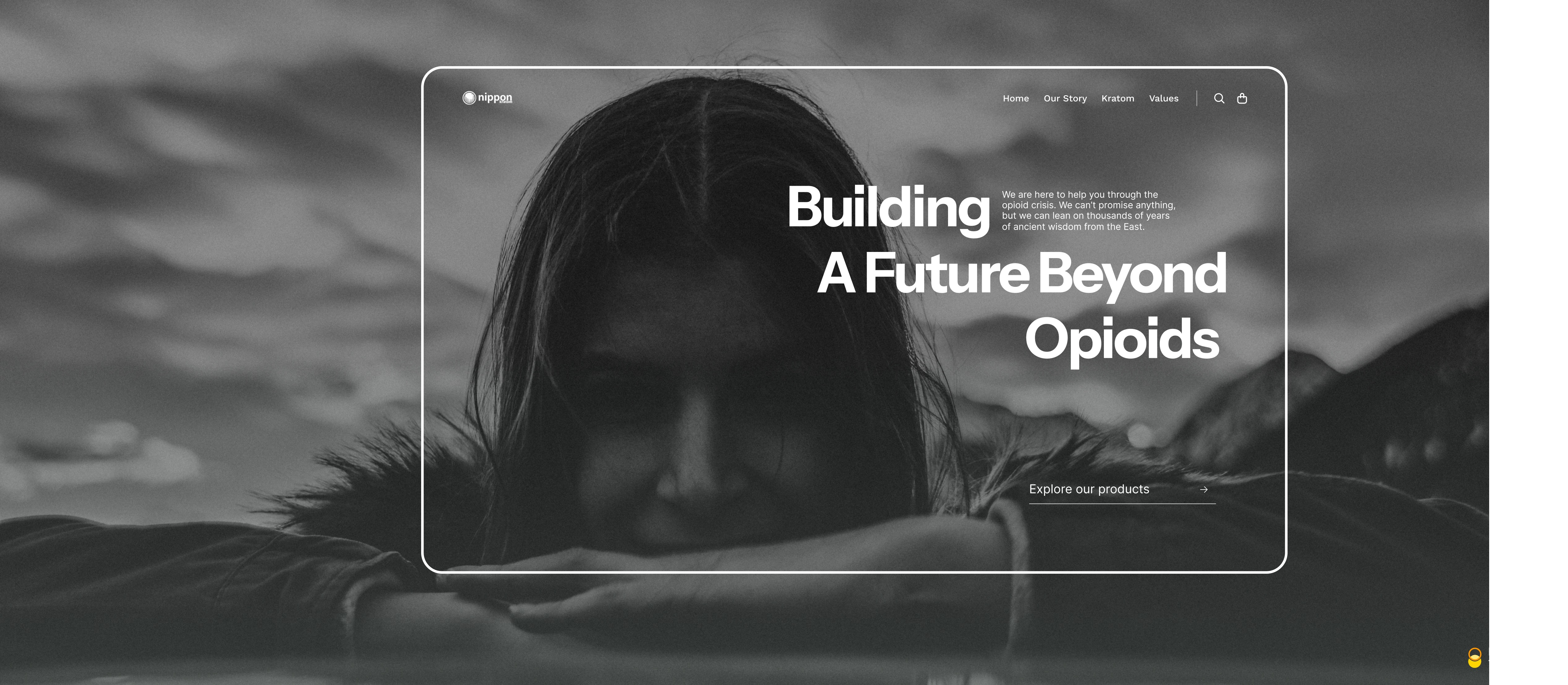 Nippon Kratom website landing page: "Building A Future Beyond Opioids." A black and white image with a focus on helping people through the opioid crisis. Explore products.