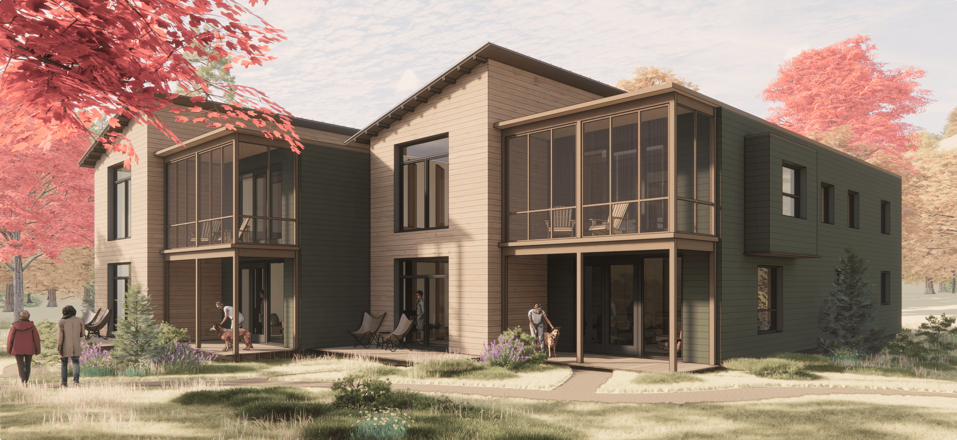 TMBR-designed multifamily unit blending modern timber construction with a forested landscape for sustainable living.