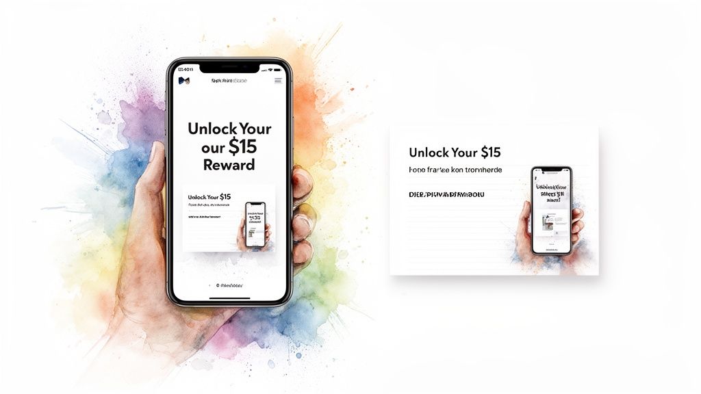 A hand holding a smartphone displaying an 'Unlock Your $15 Reward' screen, with a smaller version on the right.