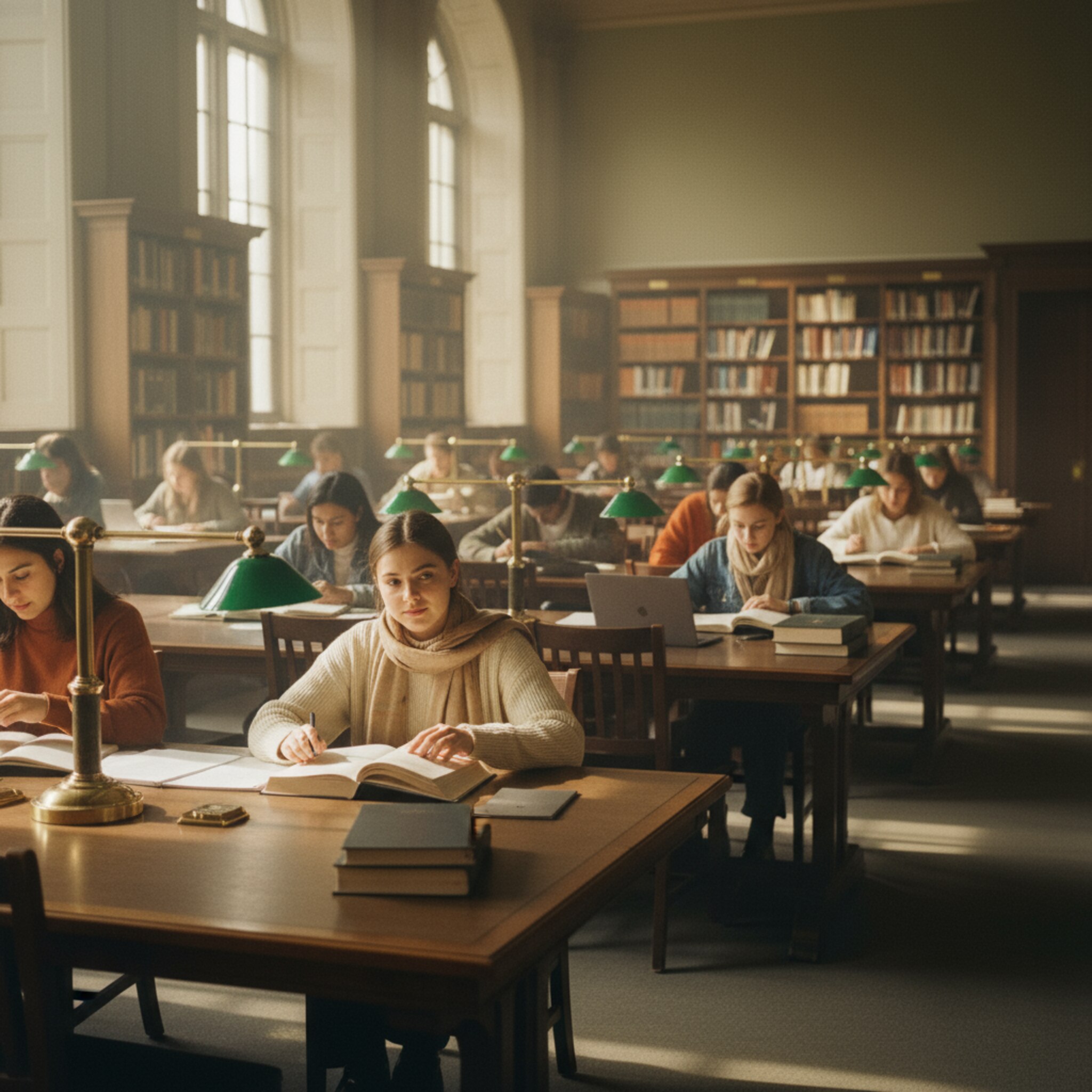 In the morning, warm light streams through the tall windows of a historic reading room. Long wooden tables with numbered reading lamps stretch calmly through the space. Students are engrossed in open books, with pens neatly at the ready. A gentle cough, the rustle of paper, and otherwise only silent concentration.