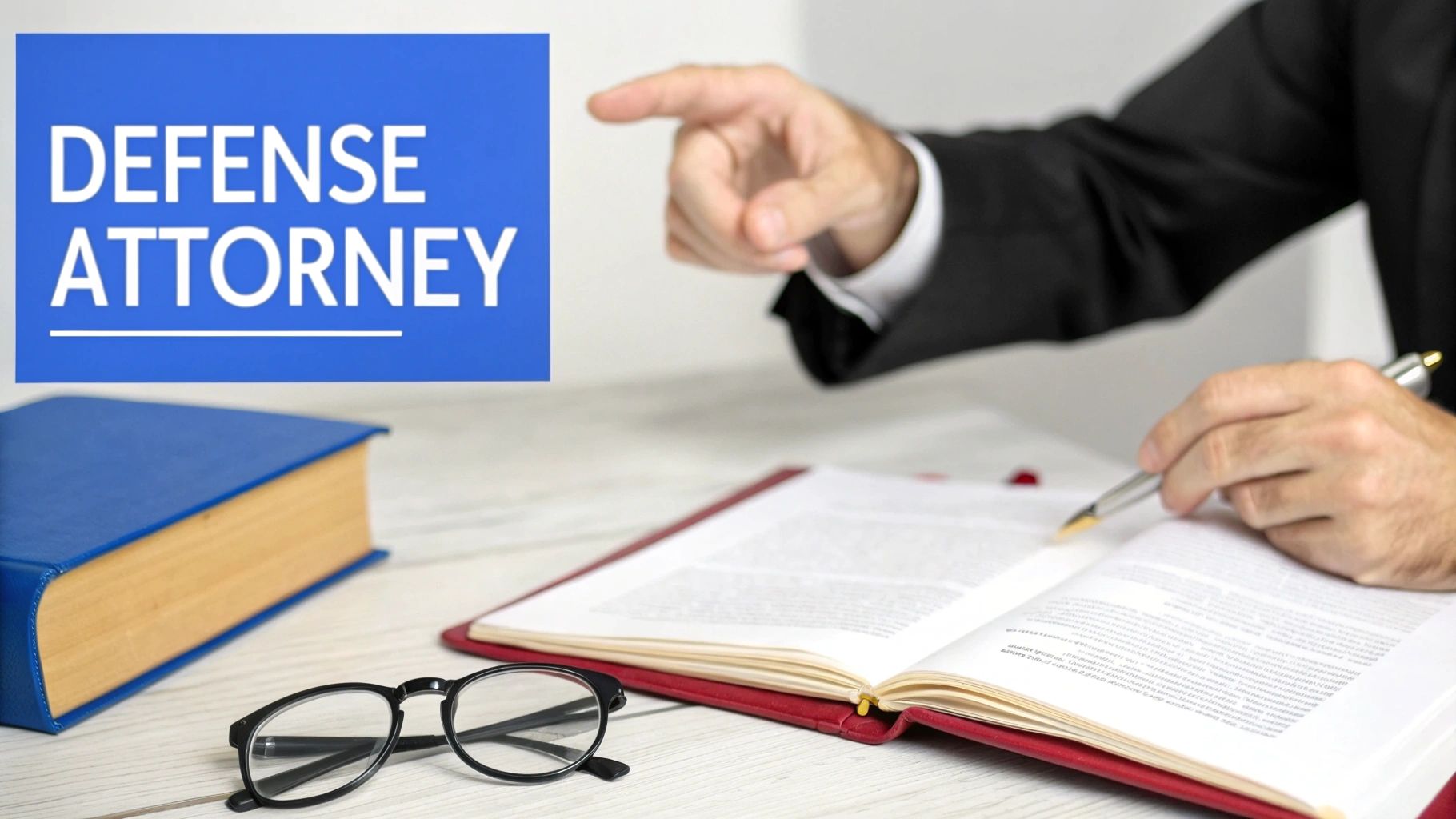 A defense attorney points, holding a pen over legal documents, with a book and glasses on a desk.