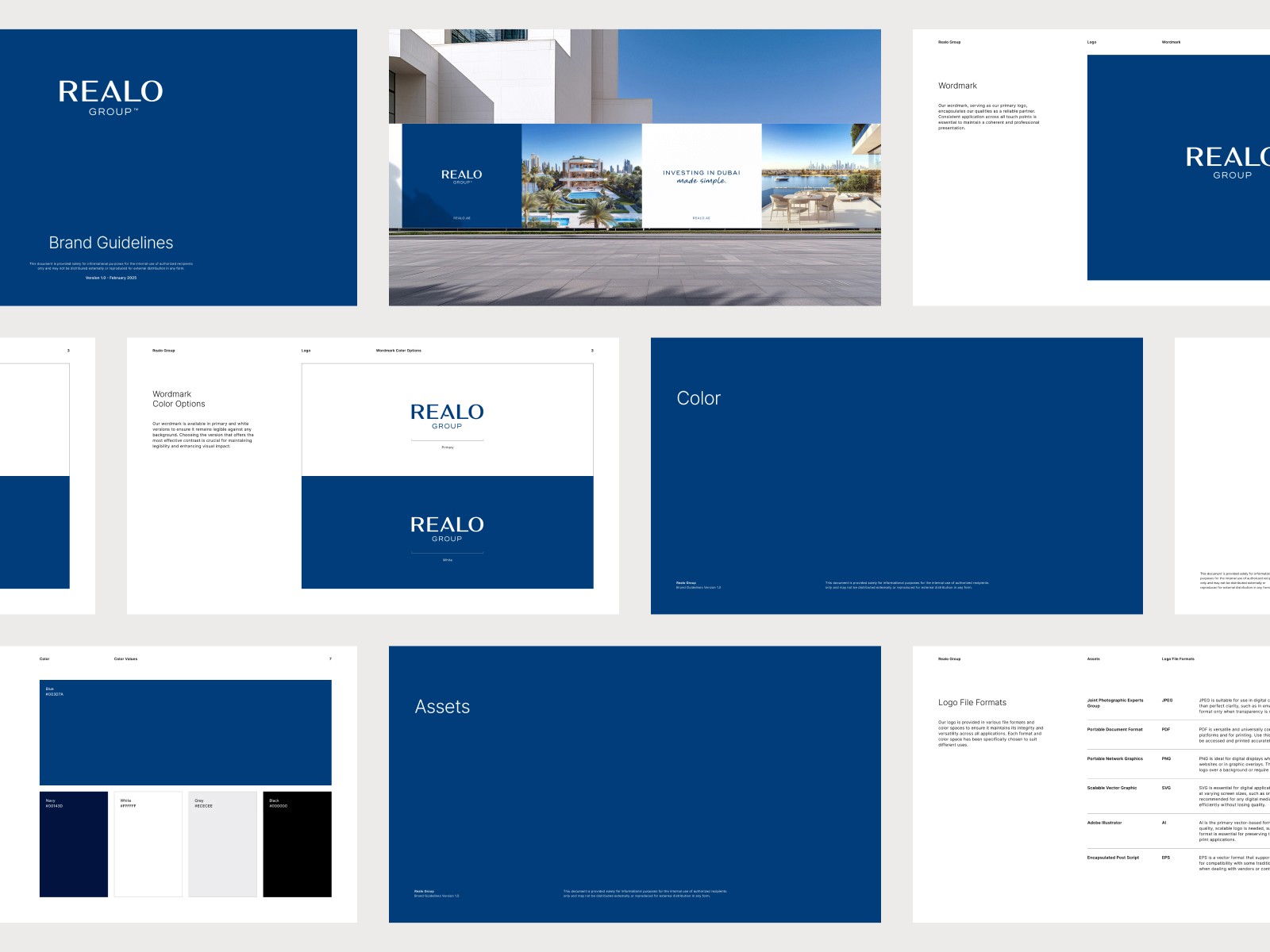 Overview of Realo Group brand guidelines showing logo applications, color palette, and layout examples.