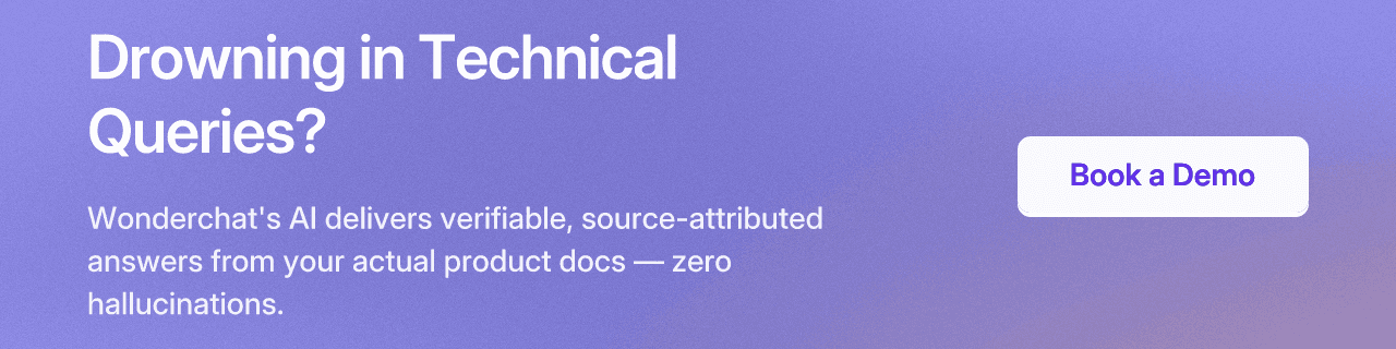Drowning in Technical Queries? Wonderchat's AI delivers verifiable, source-attributed answers from your actual product docs — zero hallucinations.