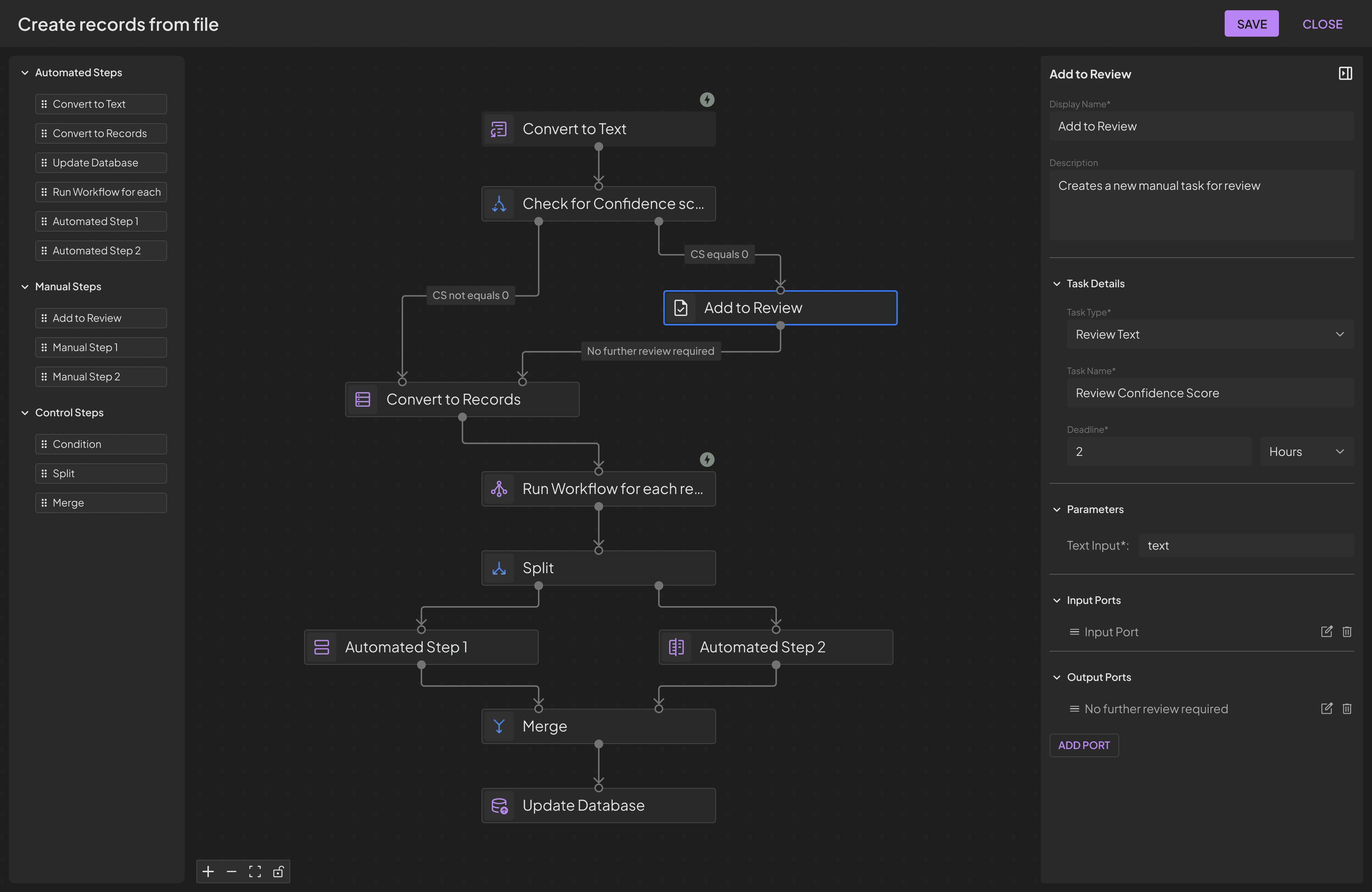 Workflow builder with ‘Add to Review’ step selected and task details on right