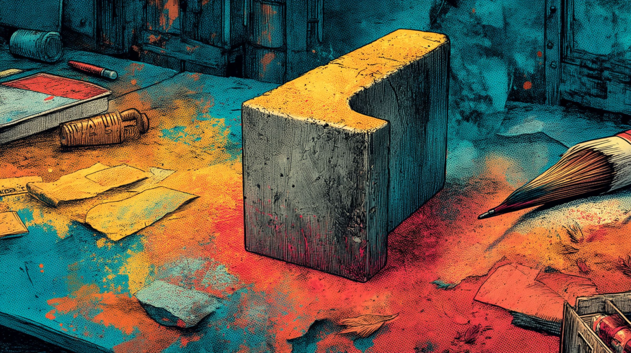 A single carved letter stands amid dust, paint, and paper — the final mark left standing after every medium has spoken.