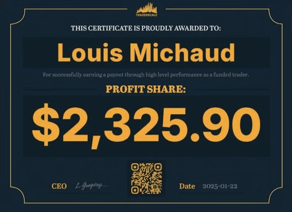 Profit share certificate showing Evo X member Louis Michaud earned $2,325.90 as a funded trader