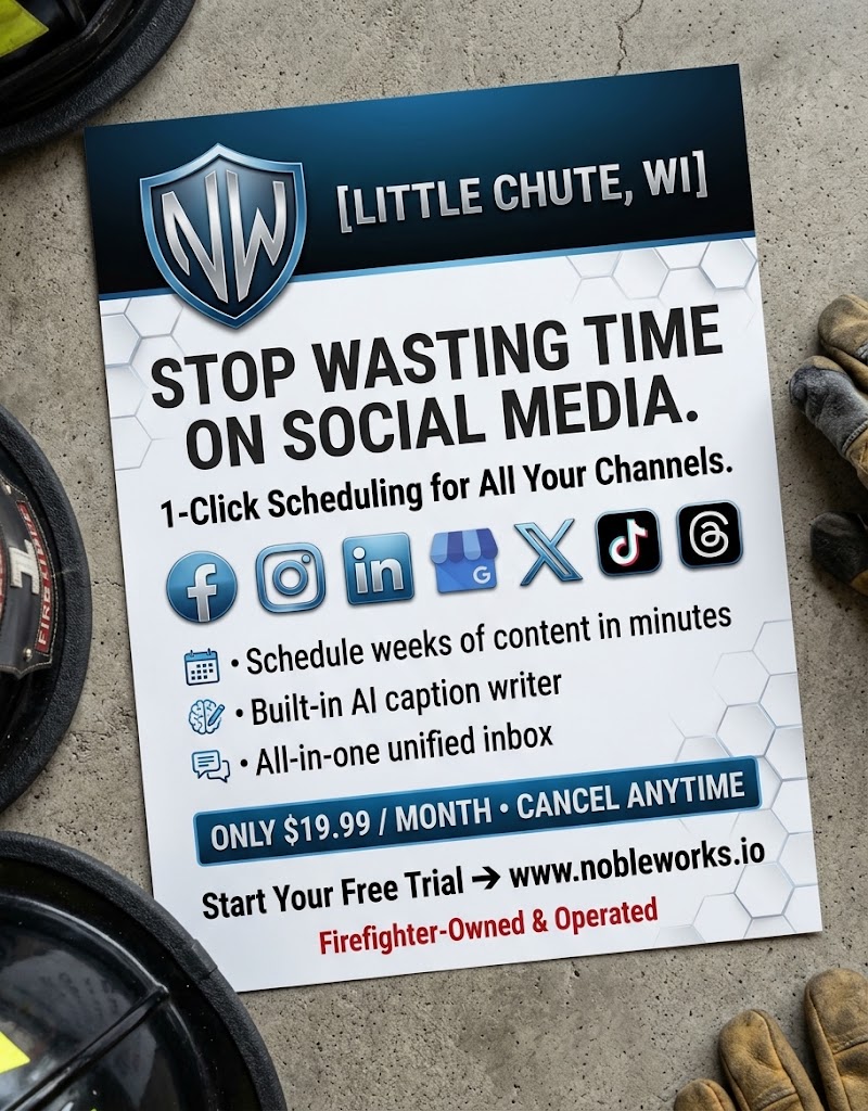 NobleWorks social media scheduler flyer for Little Chute businesses