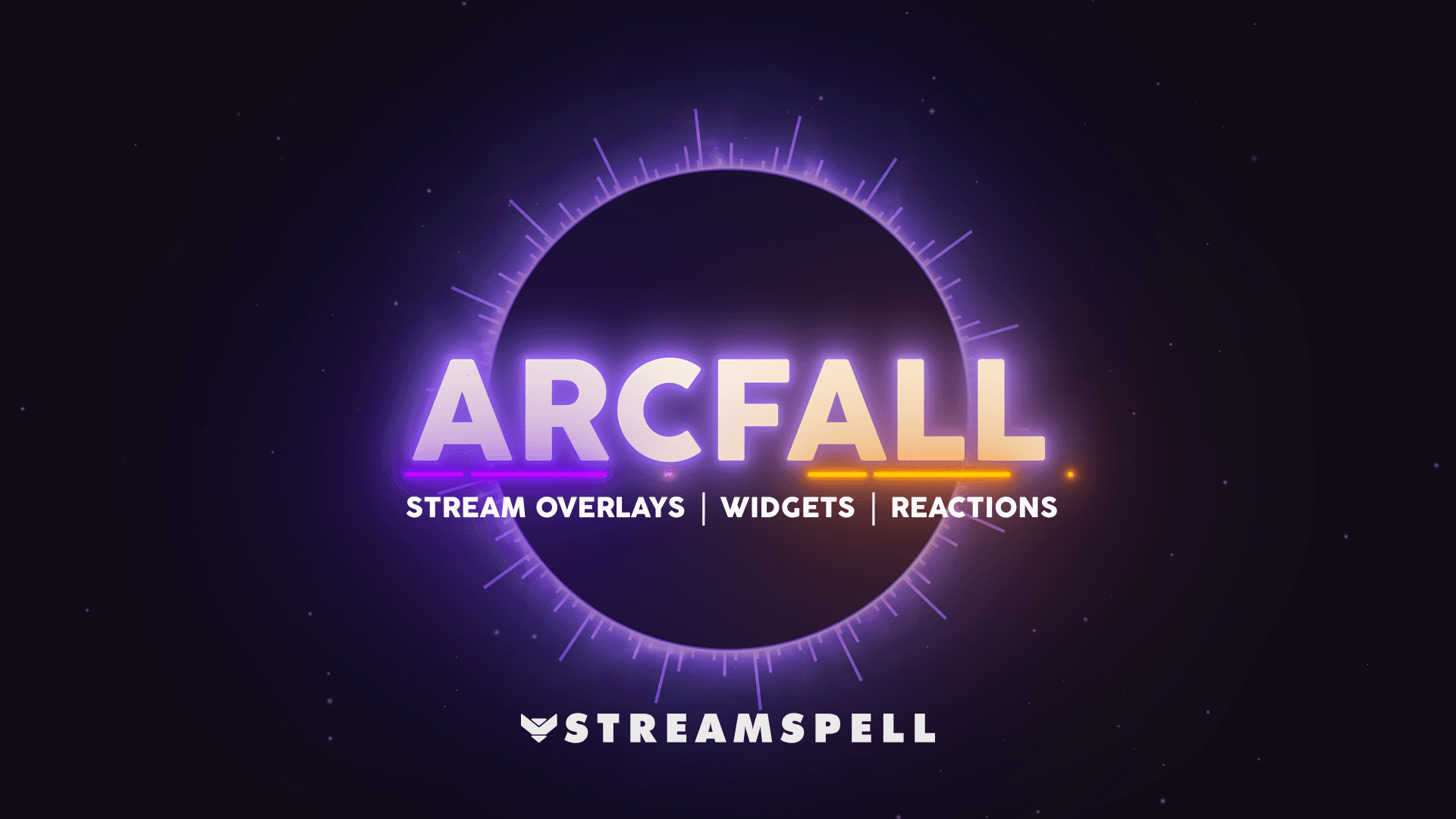 Futuristic neon sci-fi background with glowing circular HUD design and the text “Arcfall – Stream Overlays, Widgets, Reactions” by StreamSpell. Promotes animated Twitch overlays compatible with OBS Studio, Streamlabs, and StreamElements, featuring stream widgets and reactive overlays for gaming streams.