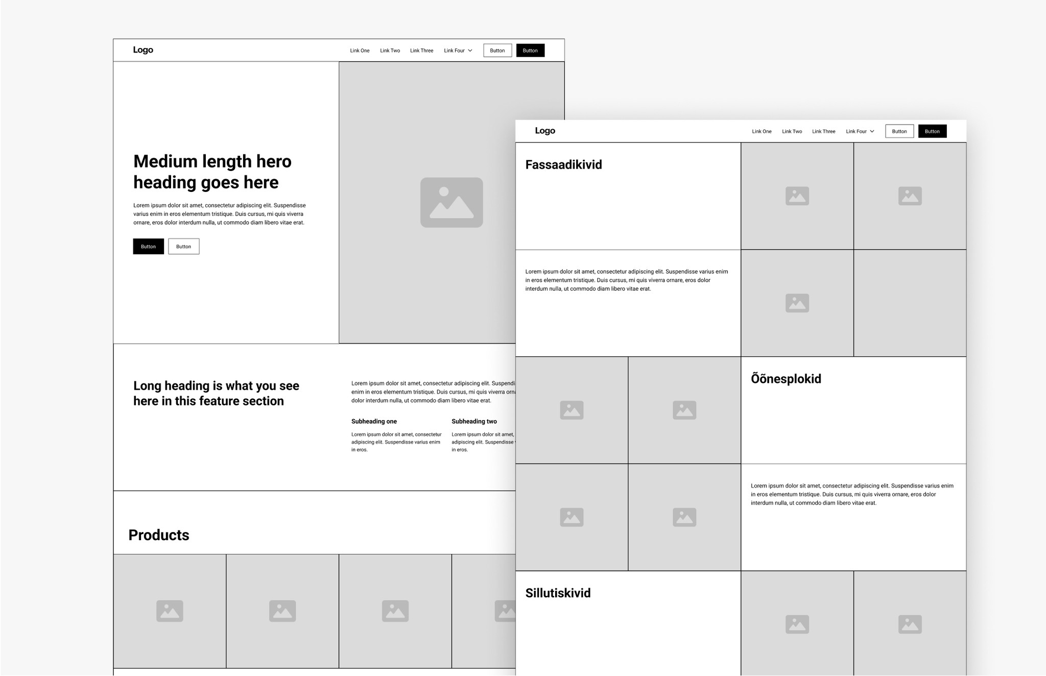 Two desktop wireframes placed on top of each other.