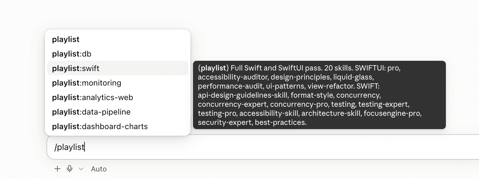 Claude Code's slash menu after typing /playlist. It lists playlist, playlist:db, playlist:swift and four more; the hover text for playlist:swift reads: Full Swift and SwiftUI pass, 20 skills, followed by every skill grouped under SWIFTUI and SWIFT.