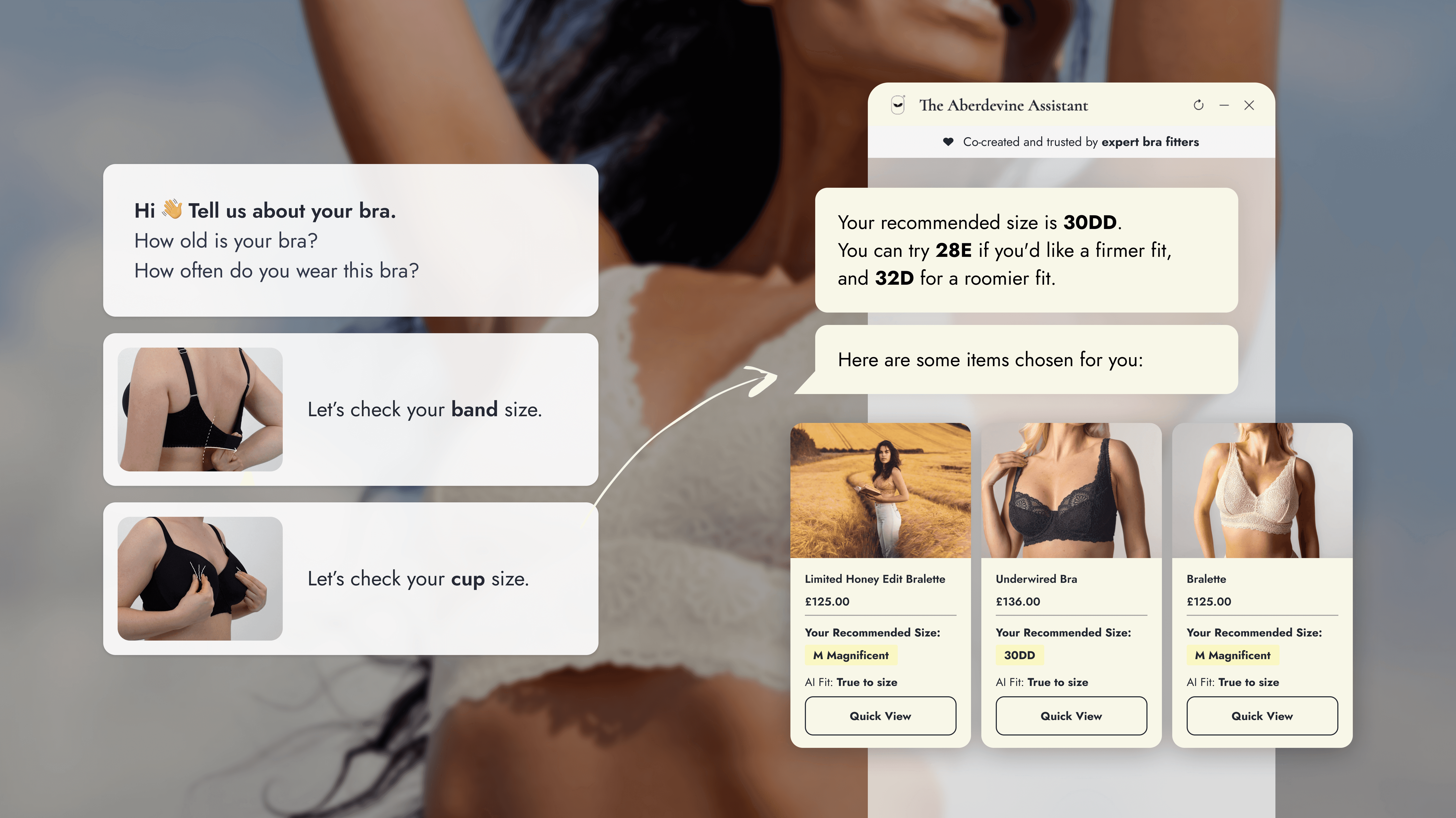 Brarista's fitting quiz in use on the Aberdevine site, visually guiding shoppers to their size using the fitting-by-eye method