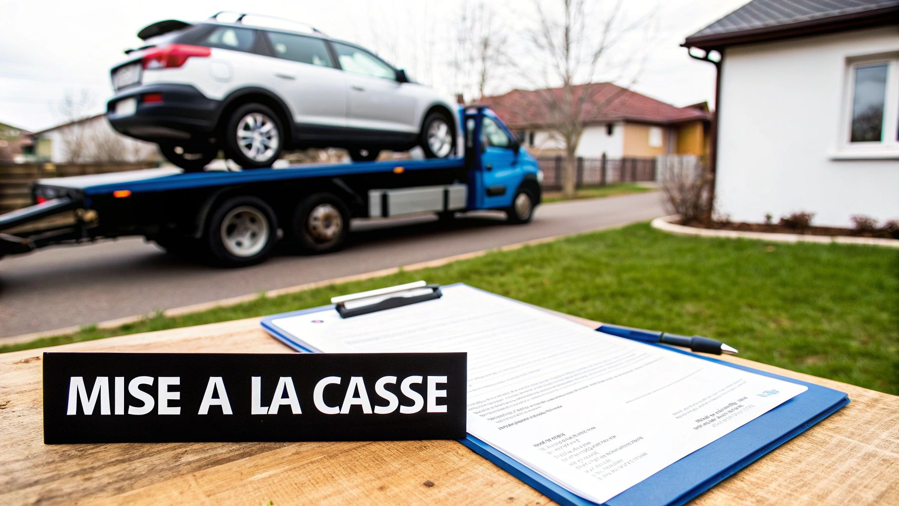 Une dépanneuse transporte une voiture, un panneau 'Mise à la casse' et des documents de déclaration.