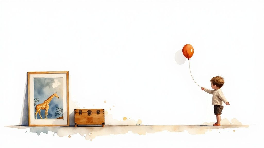 A whimsical watercolor painting of a child holding a red balloon, a giraffe painting, and a small trunk.