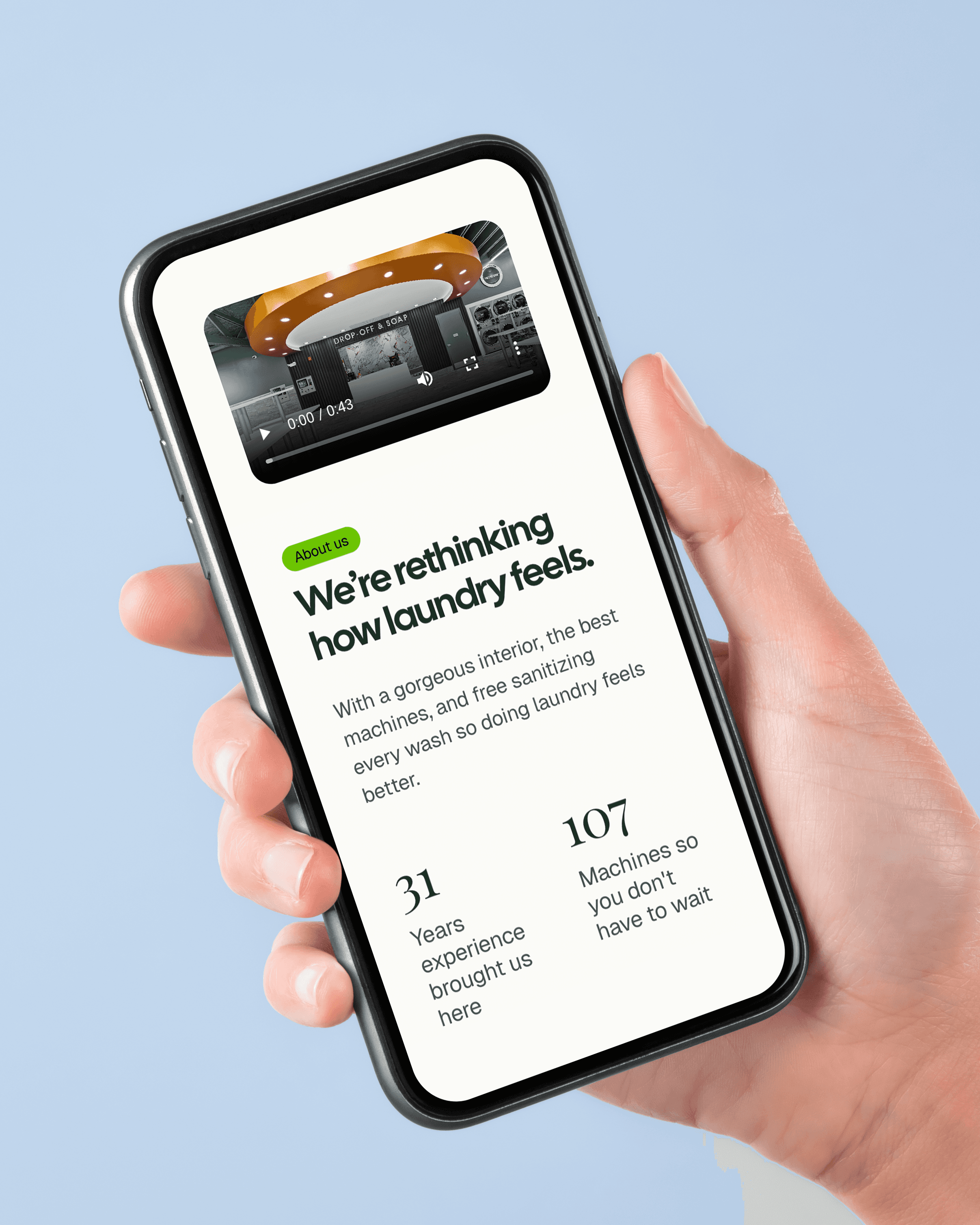 Mobile-first laundromat website for Fresh Wash New Jersey, showing a sleek design with integrated video and statistics to build trust. Optimized for search visibility and customer engagement in laundry pickup and delivery marketing.