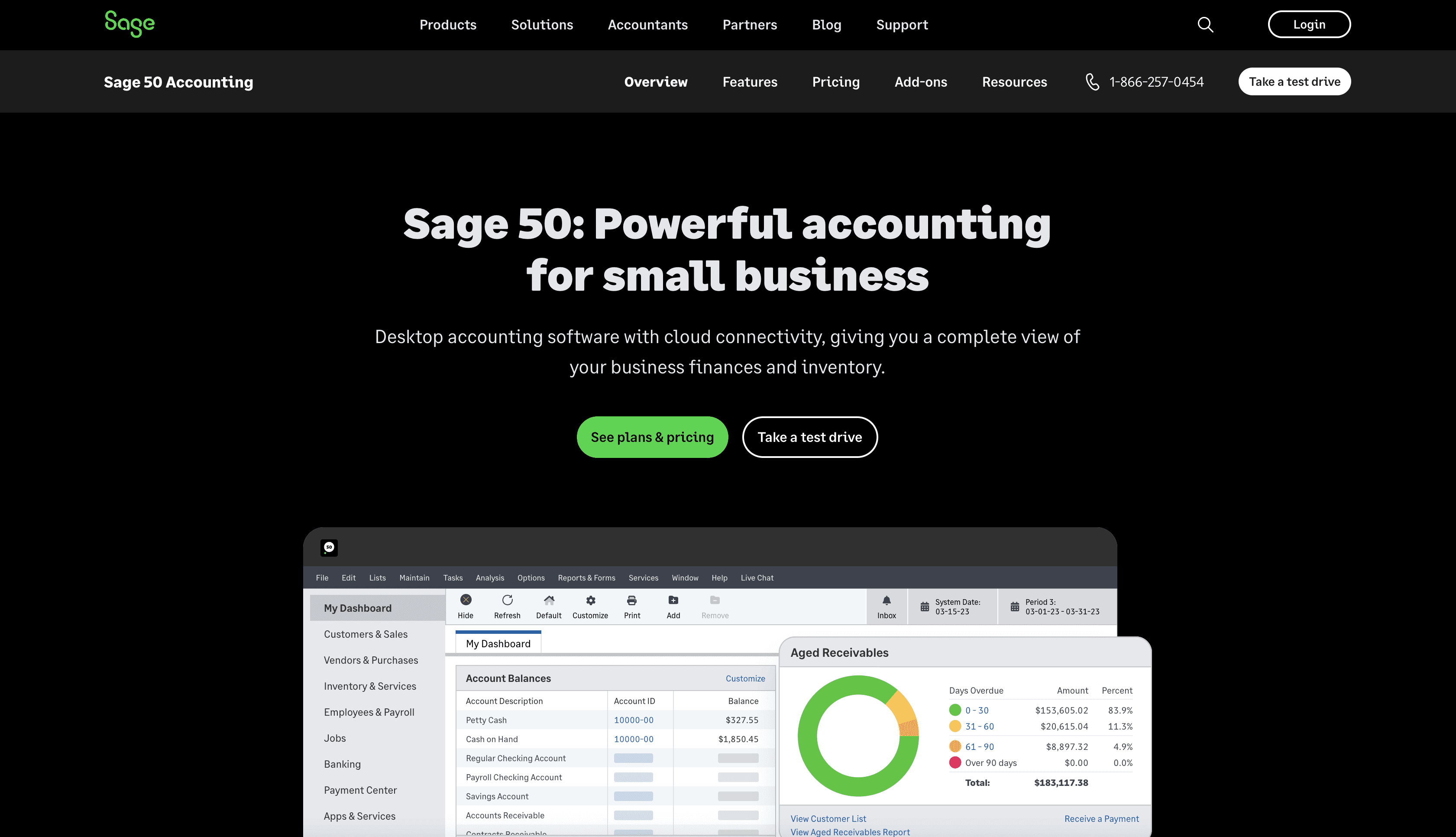 Sage 50 Accounting product page showcasing desktop software interface with aged receivables chart and account balances in dark theme