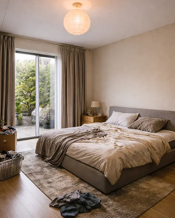 Υπνοδωμάτιο πριν την ανακαίνιση με παλιά επίπλωση, φθαρμένους τοίχους και έλλειψη λειτουργικότητας