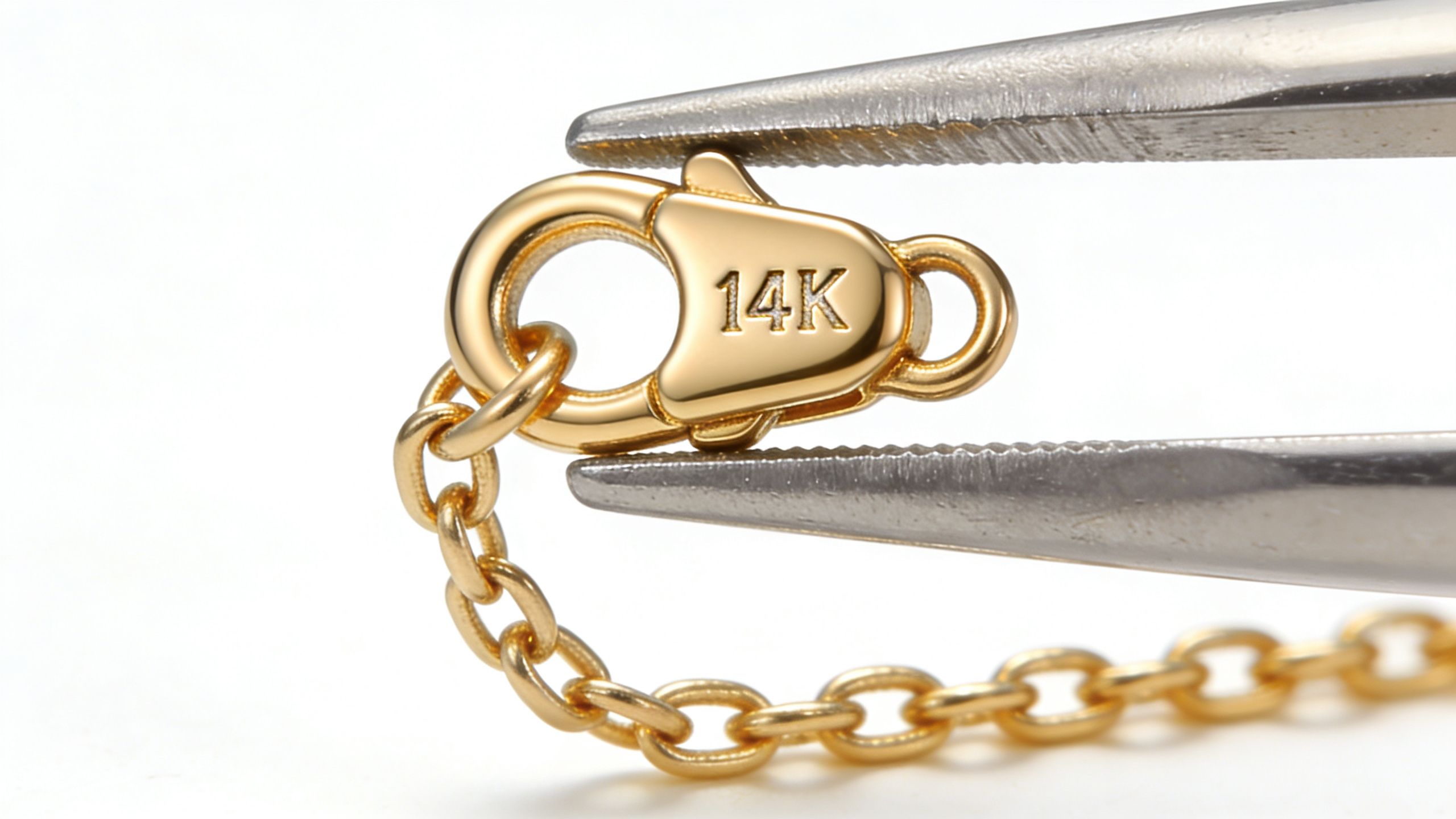 A close-up view of gold chain jewelry being held by a pair of metal pliers.