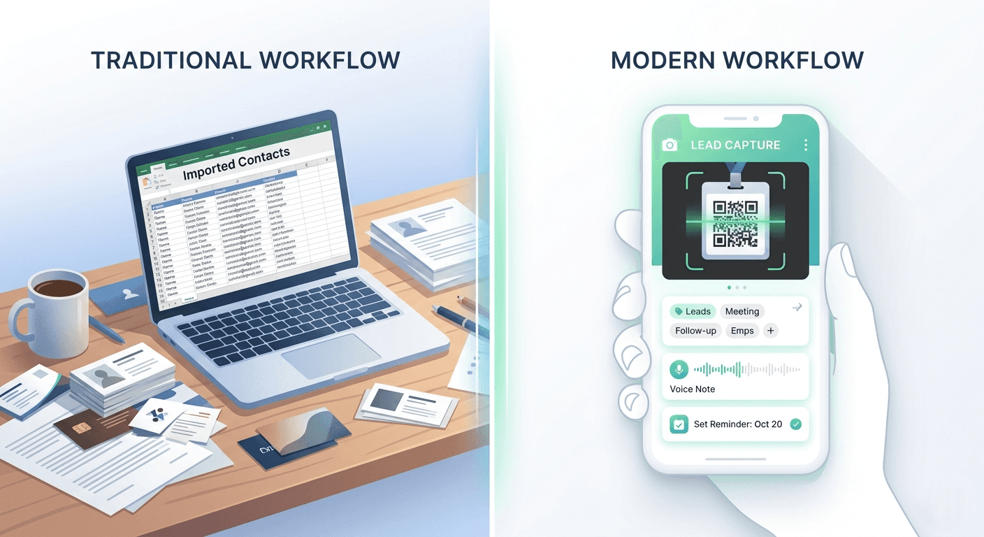 ScanBizCards vs Habsy comparison showing raw CRM import vs actionable lead capture workflow