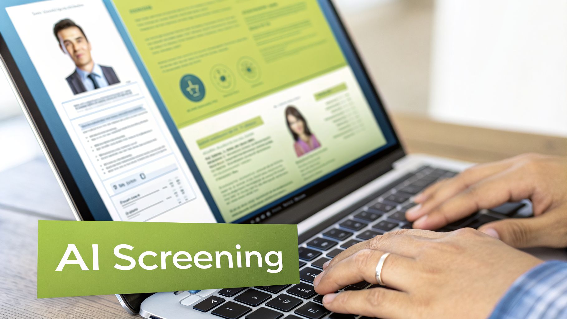 Hands typing on a laptop with 'AI Screening' text, showing applicant profiles on screen.