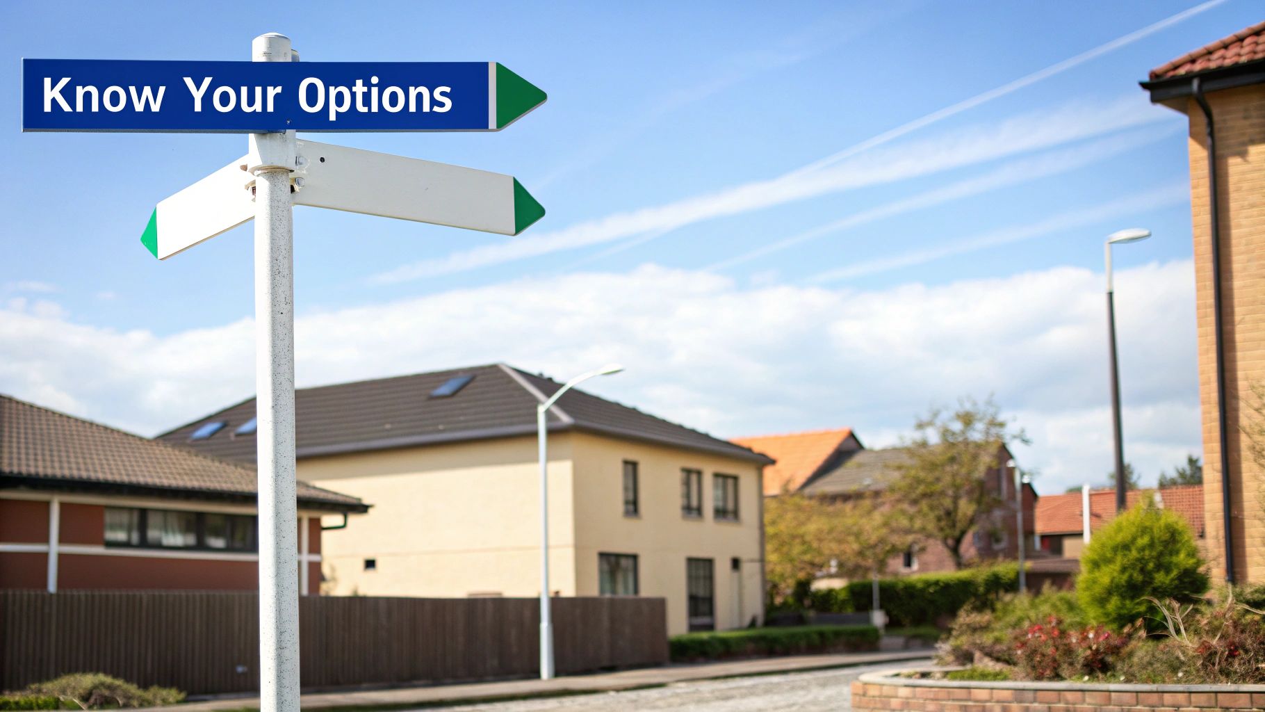 A street sign reads 'Know Your Options' in a residential area under a blue sky.