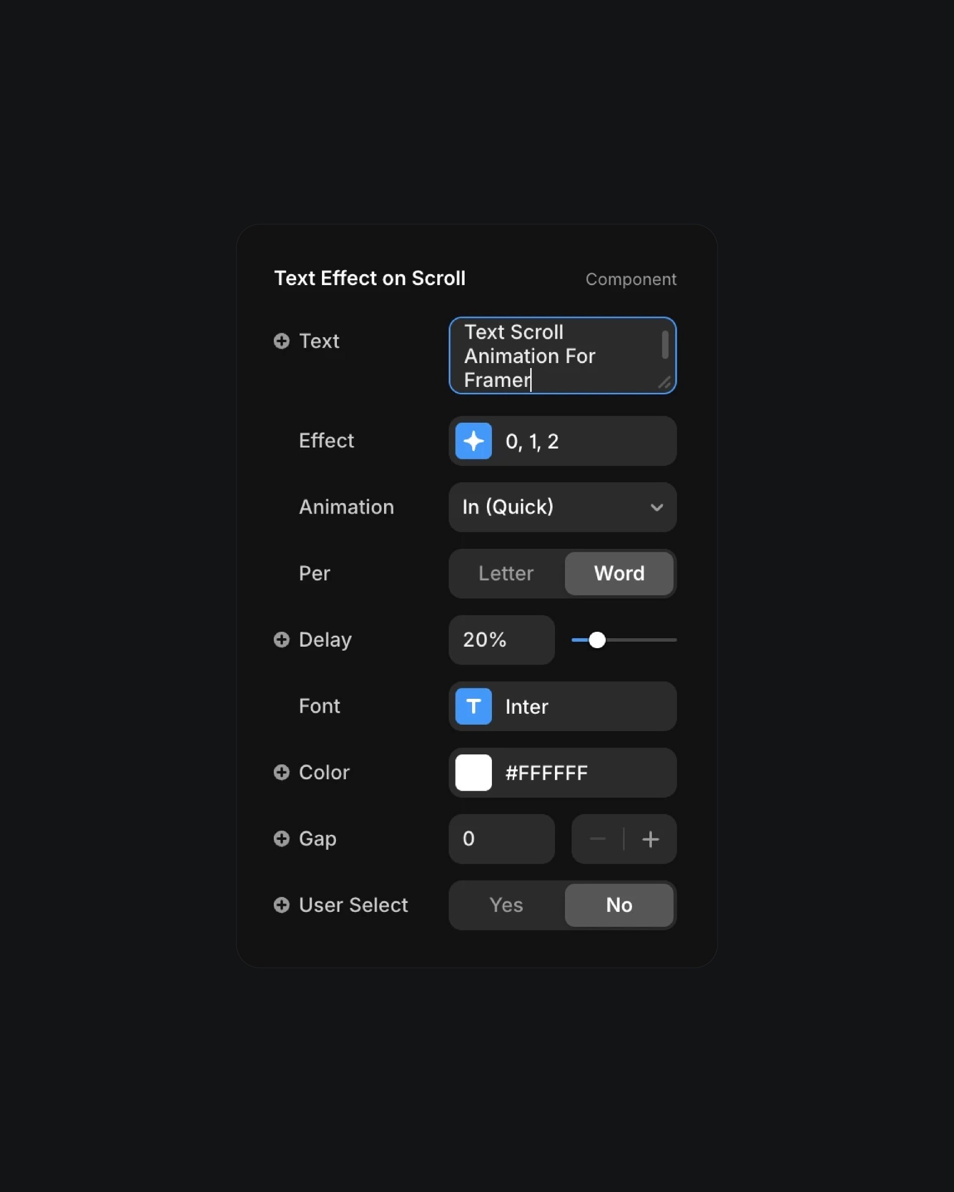 Text Scroll Effect settings panel for Framer with customizable animation options