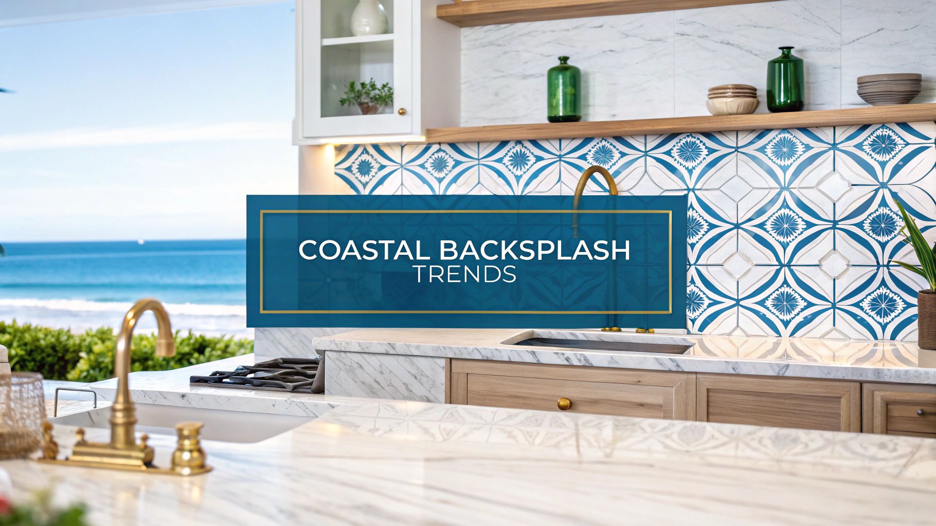 a blue kitchen backsplash near white countertops and a beach out the window in the background