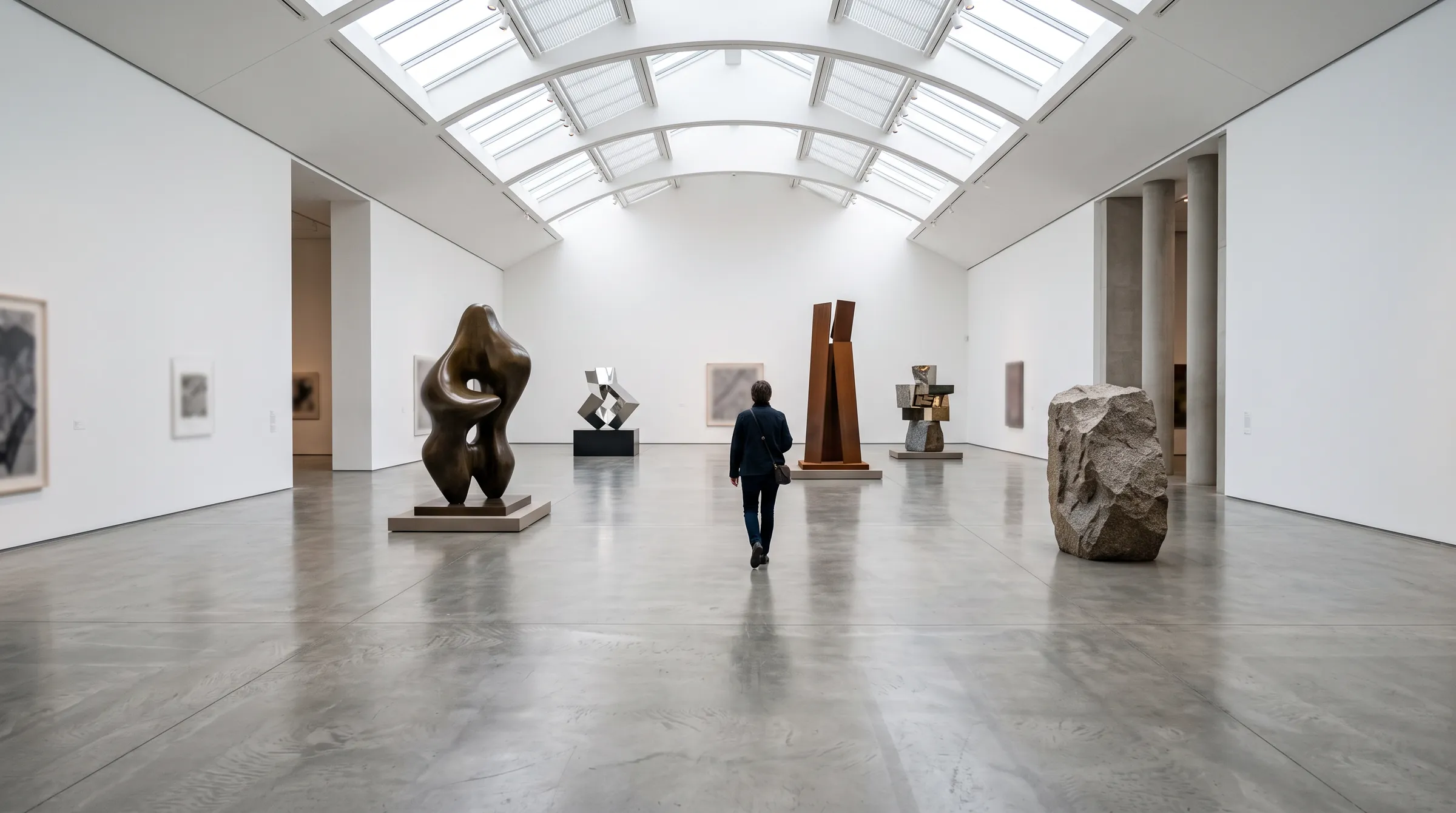 Gallery interior with sculptures in bronze, stone and steel