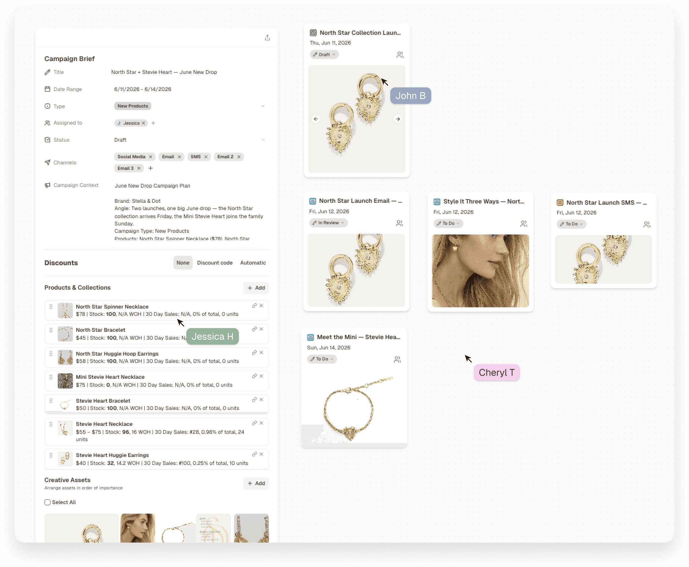 Marklo shared workspace showing a campaign with role-based access for owner, editor, and viewer team members