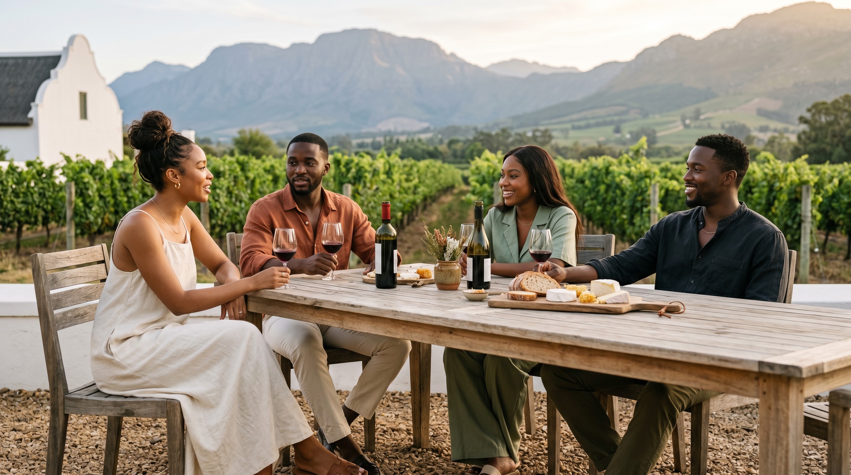 Young African friends with wine glasses being raised at a vineyard in Stellenbosch at golden hour