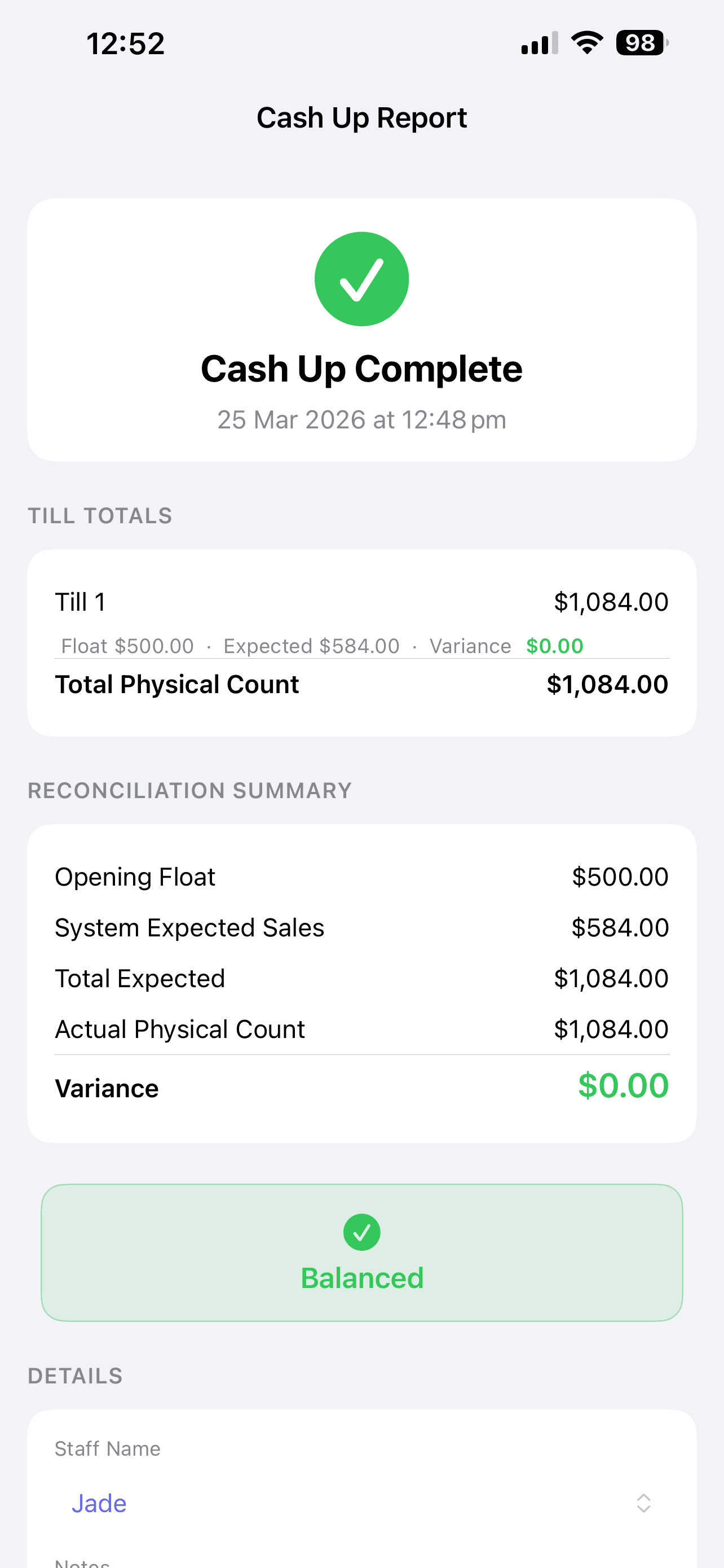 Cash up report with 3 tills including the till float, the til expected, the actual count and the variances between the 3 tills. Below the tills counts is a total physical count that results in a balanced till.