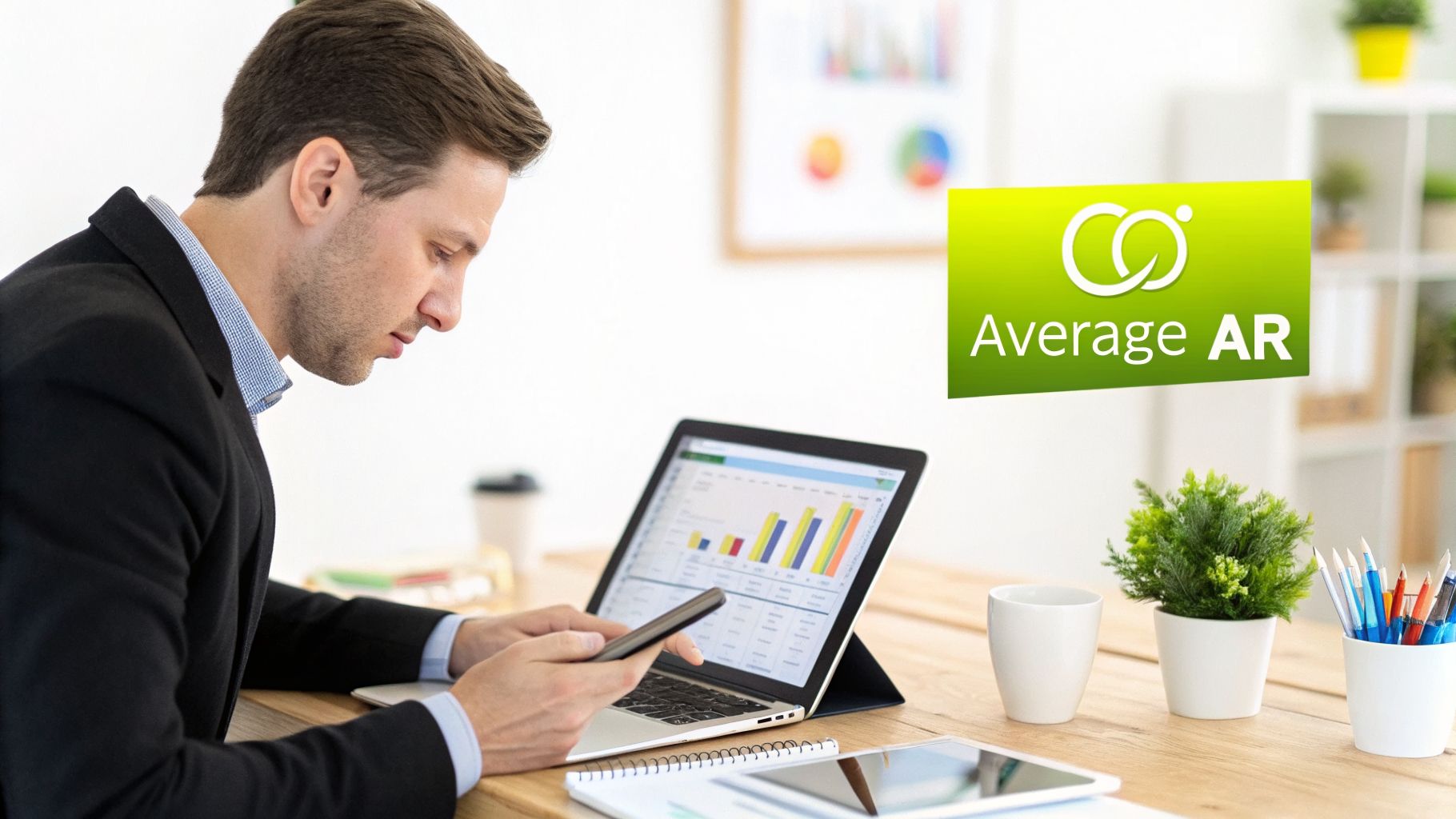 A focused businessman uses a laptop displaying charts and a smartphone, with an 'Average AR' logo.