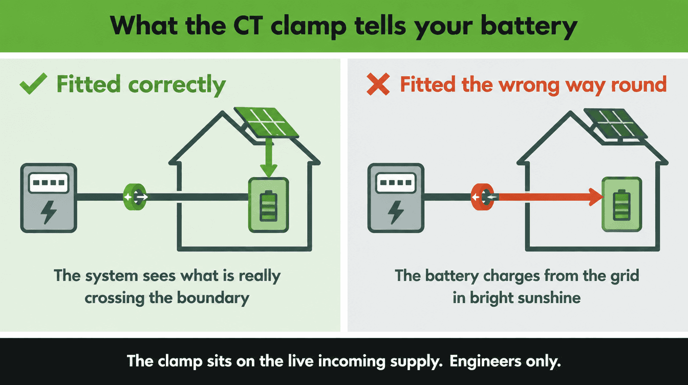 Diagram comparing a correctly fitted CT clamp with one fitted the wrong way round