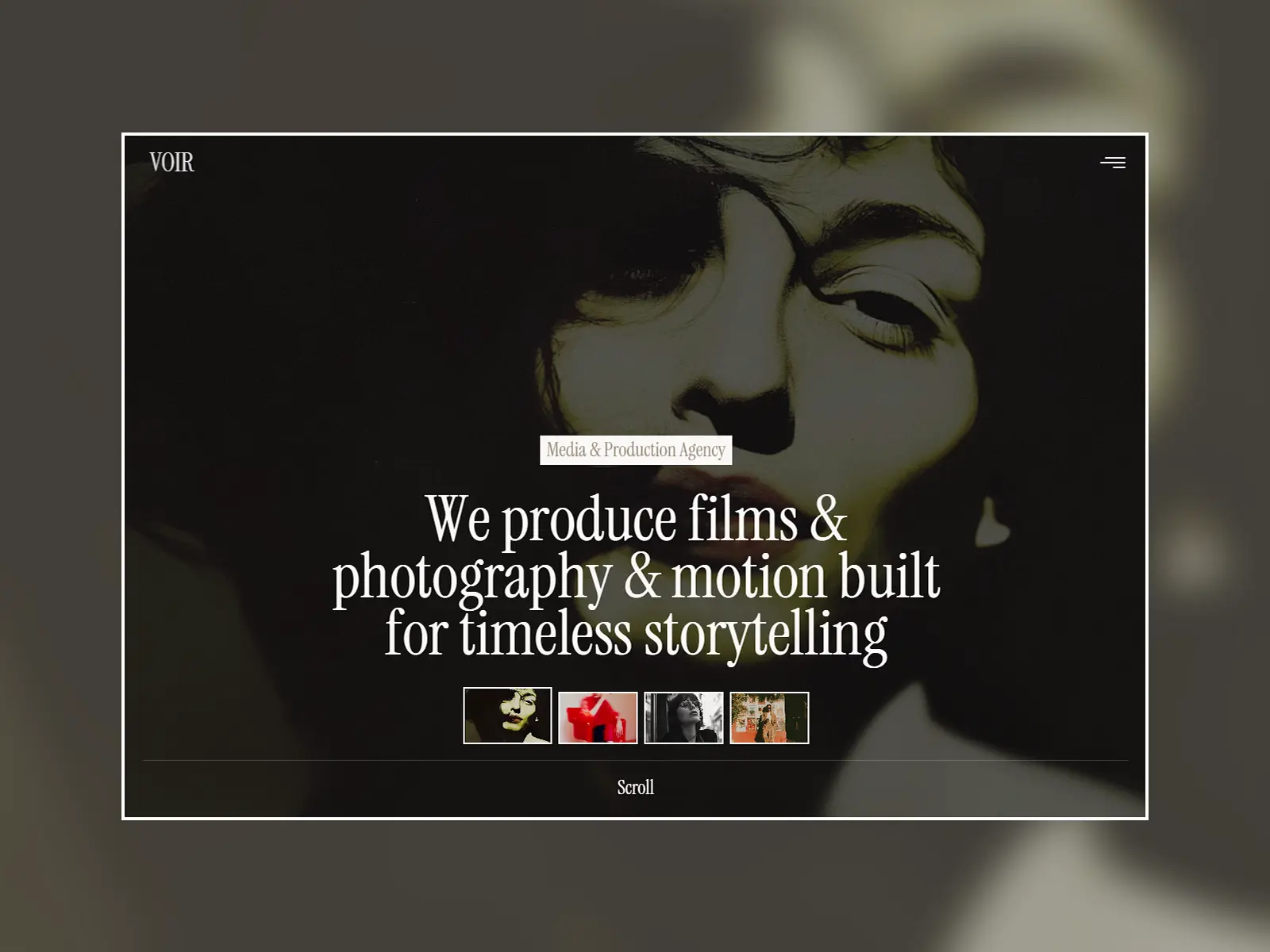 Voir media and production agency Framer template with cinematic imagery, editorial typography, and a dark creative layout.
