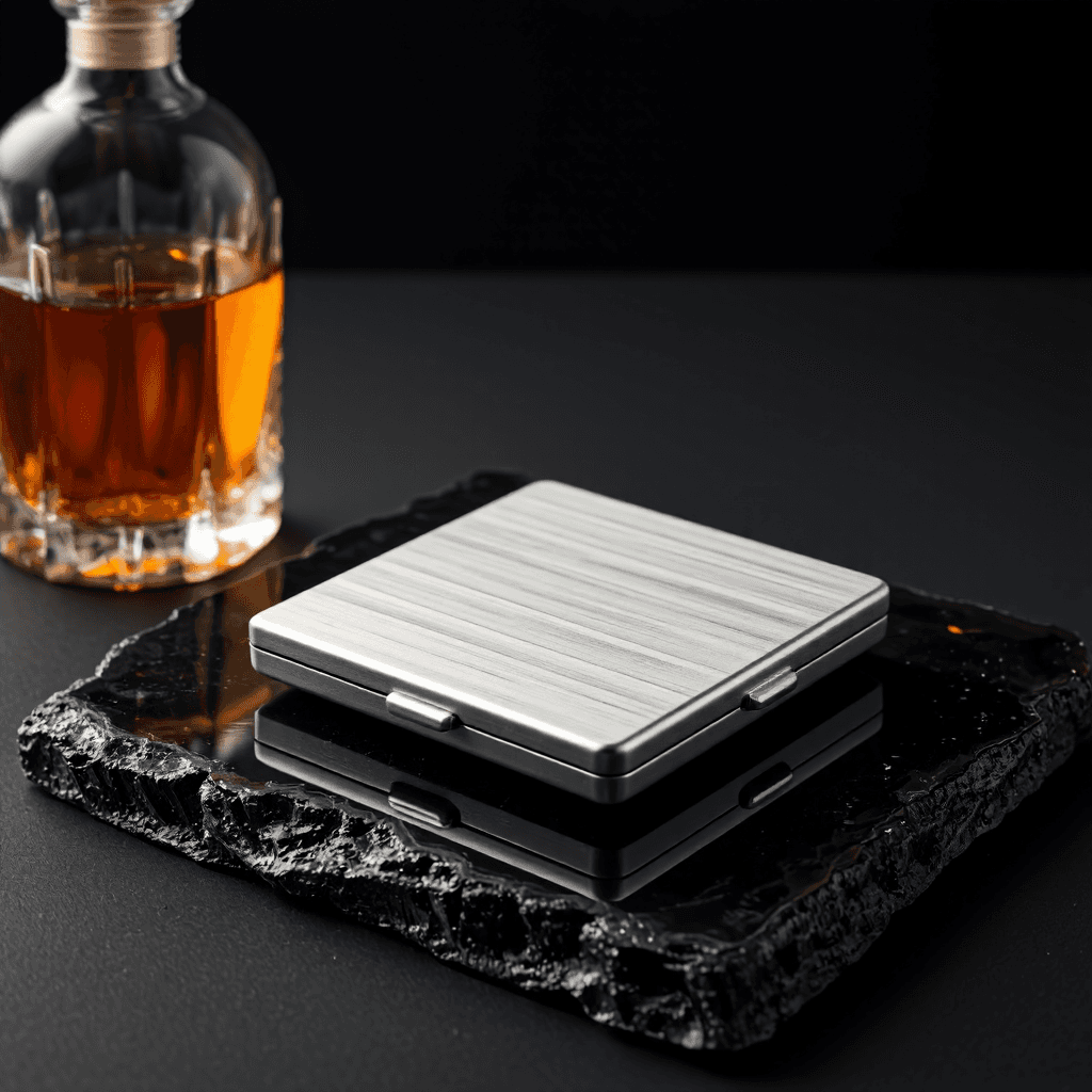 product photography of a metal cigarette case designed for women, holding 20 cigarettes