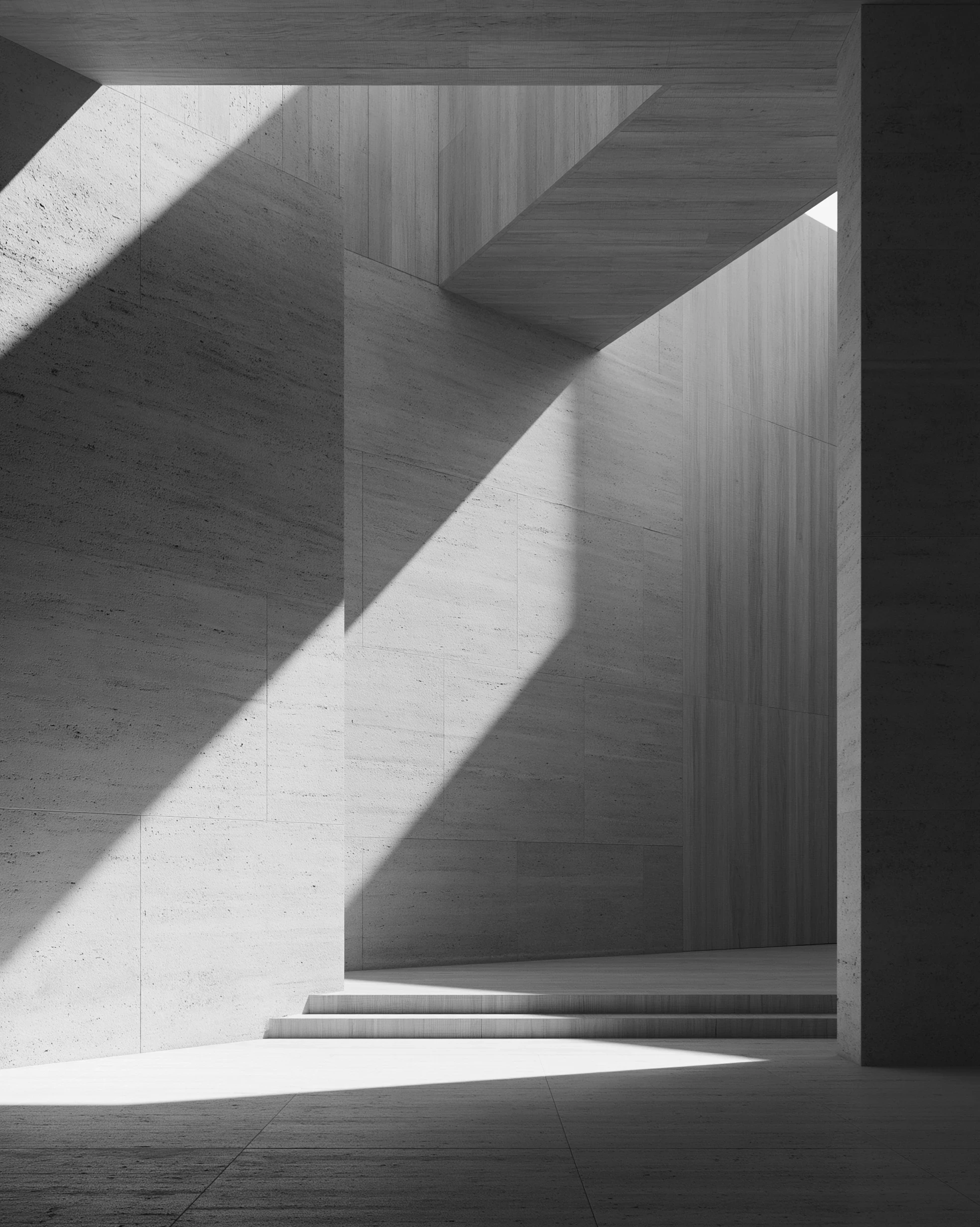 Monochrome architectural spatial study: light, plane, shadow and stair.