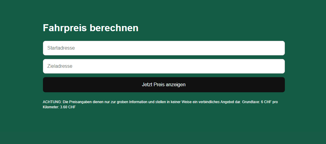Website Sektion von Thalwil Taxi zum Fahrpreis interaktiv berechnen