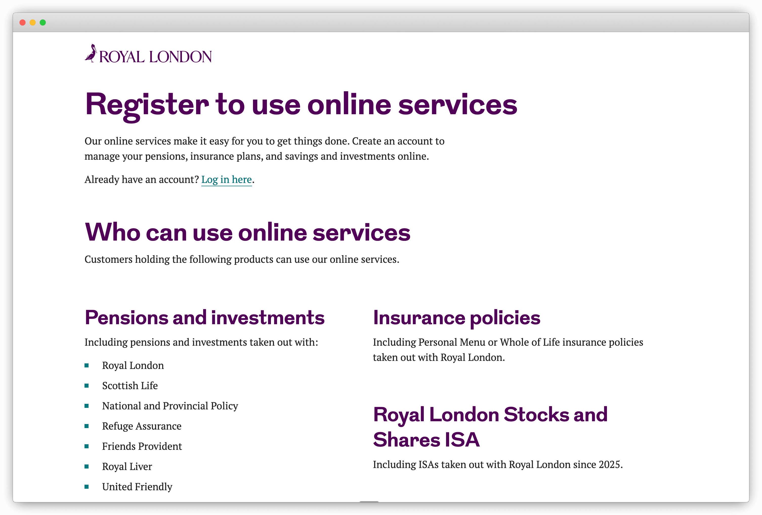 Royal London online services registration page showing supported pension and investment providers