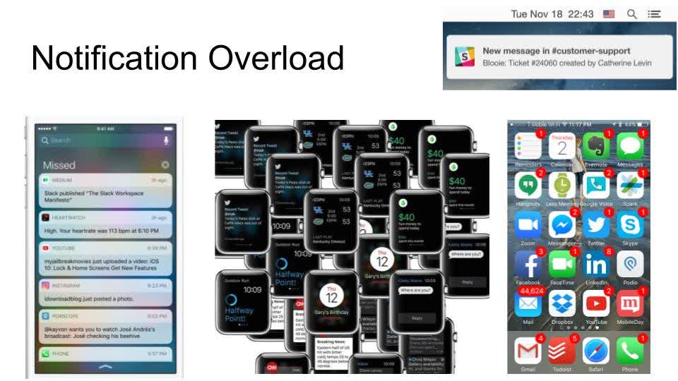 Various screenshots from iPhones and Apple Watches showing many, many notifications
